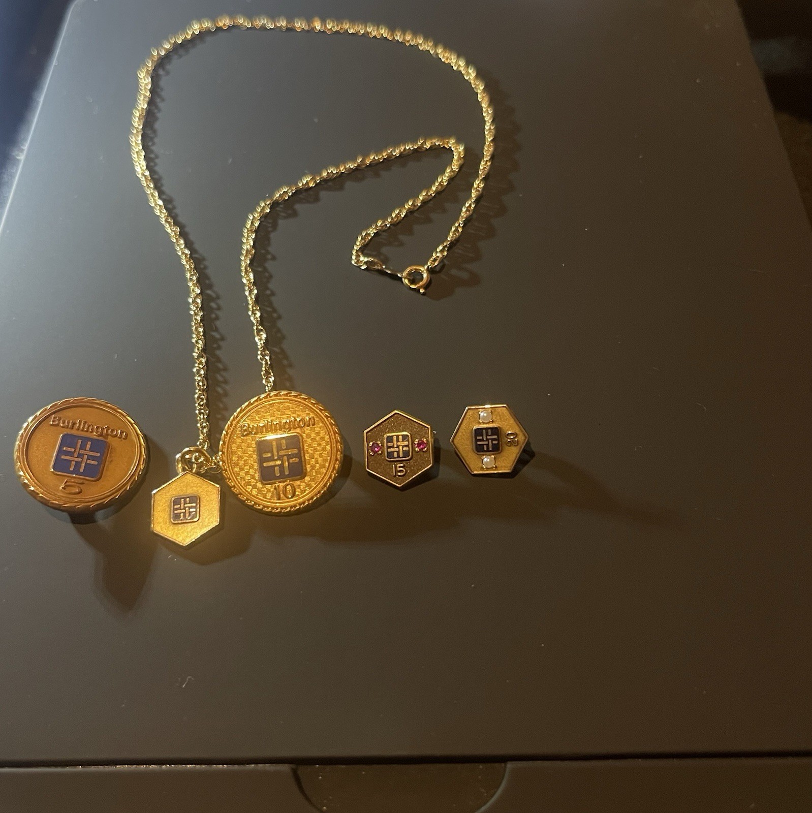 Vintage Burlington Industries Service Award Necklace and Charms GF