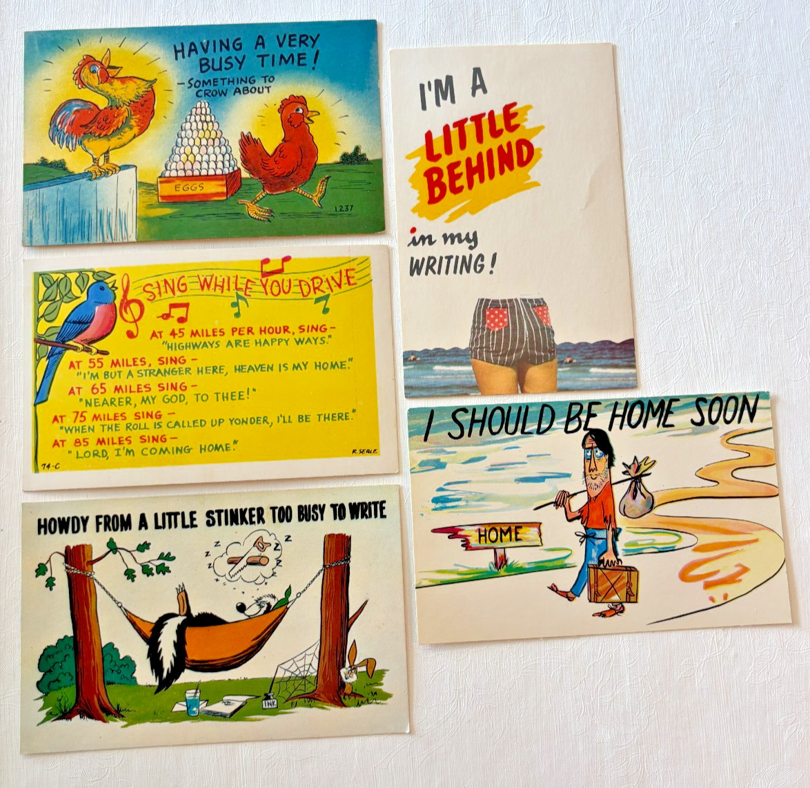 5 Cartoon Postcard Lot Unposted Vtg Art Print 1950s 60s Comedy Humor Busy Note