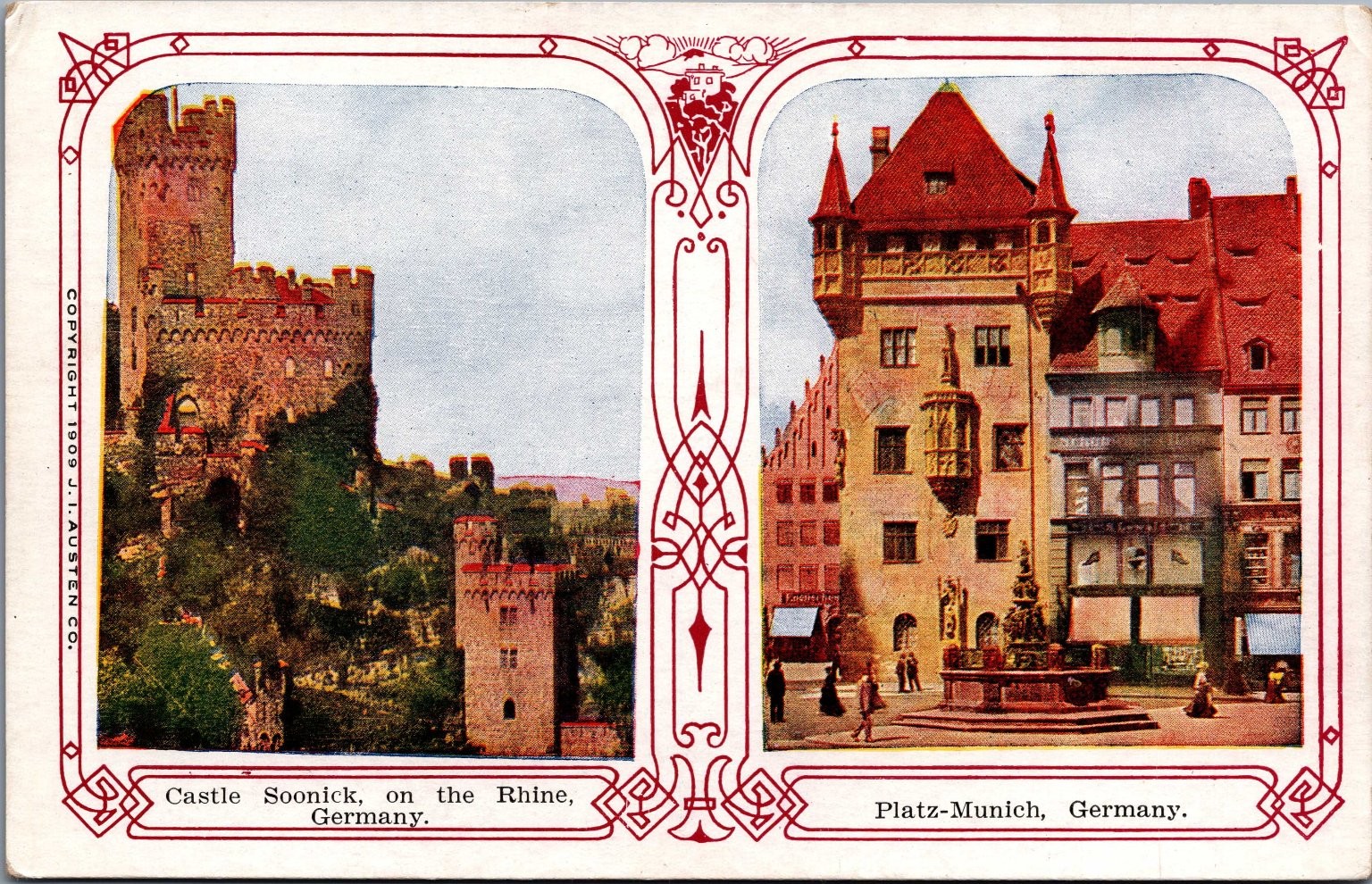1909 Castle Sooneck Rhine & Munich Platz Germany Split View Postcard J. J 1909 Castle Sooneck Rhine & Munich Platz Germany Split View Postcard J. J