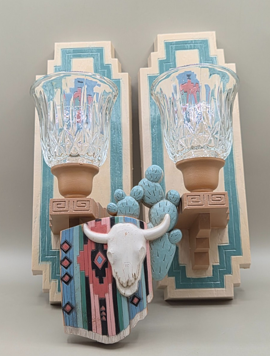 Vtg 1995 Homco Burwood Southwestern Wall Sconces & Steer Skull Plaque 3344 3325