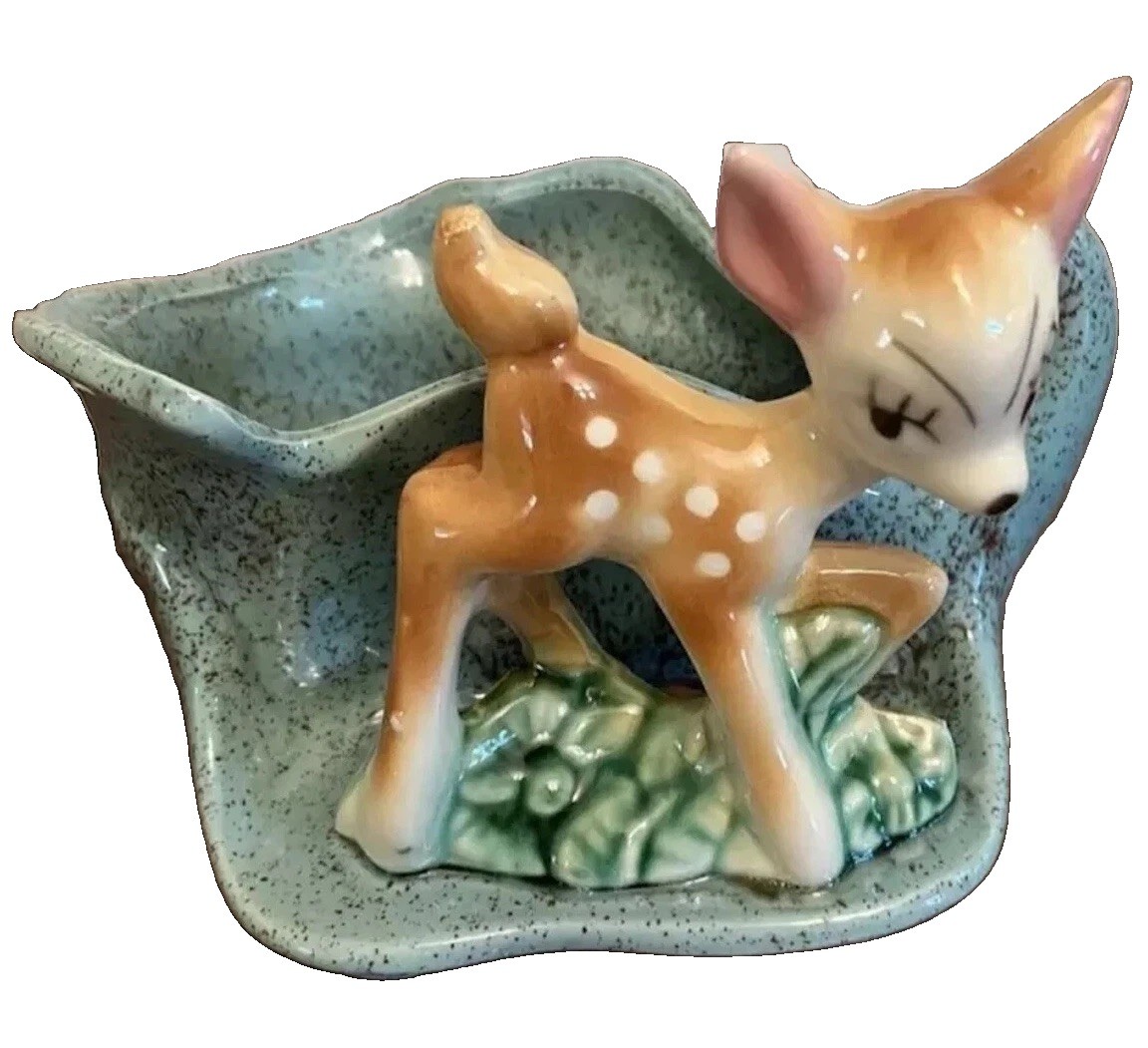 Vintage Ungemach Deer Bambi Planter Green Drip Glaze Kitschy Trinket Holder Read