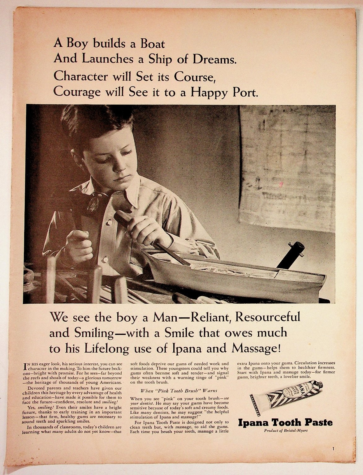 Vintage Ipana Tooth Paste Magazine Ad Boy Building Boat 1940s Ephemera Vintage Ipana Tooth Paste Magazine Ad Boy Building Boat 1940s Ephemera