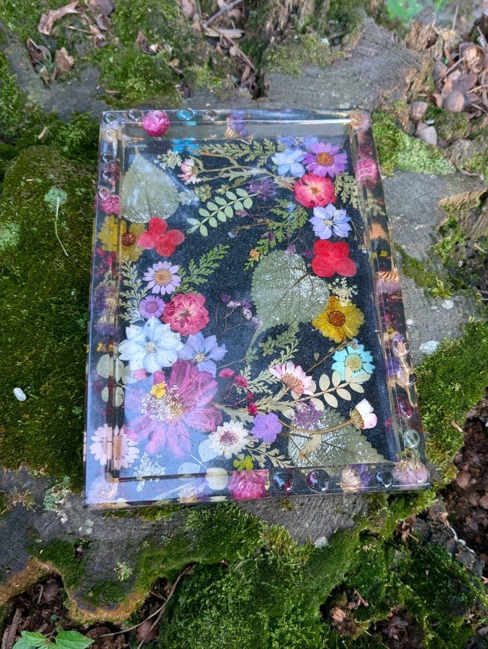 Vintage Handmade Resin Botanical Catchall Tray Real Pressed Flowers Floral Art