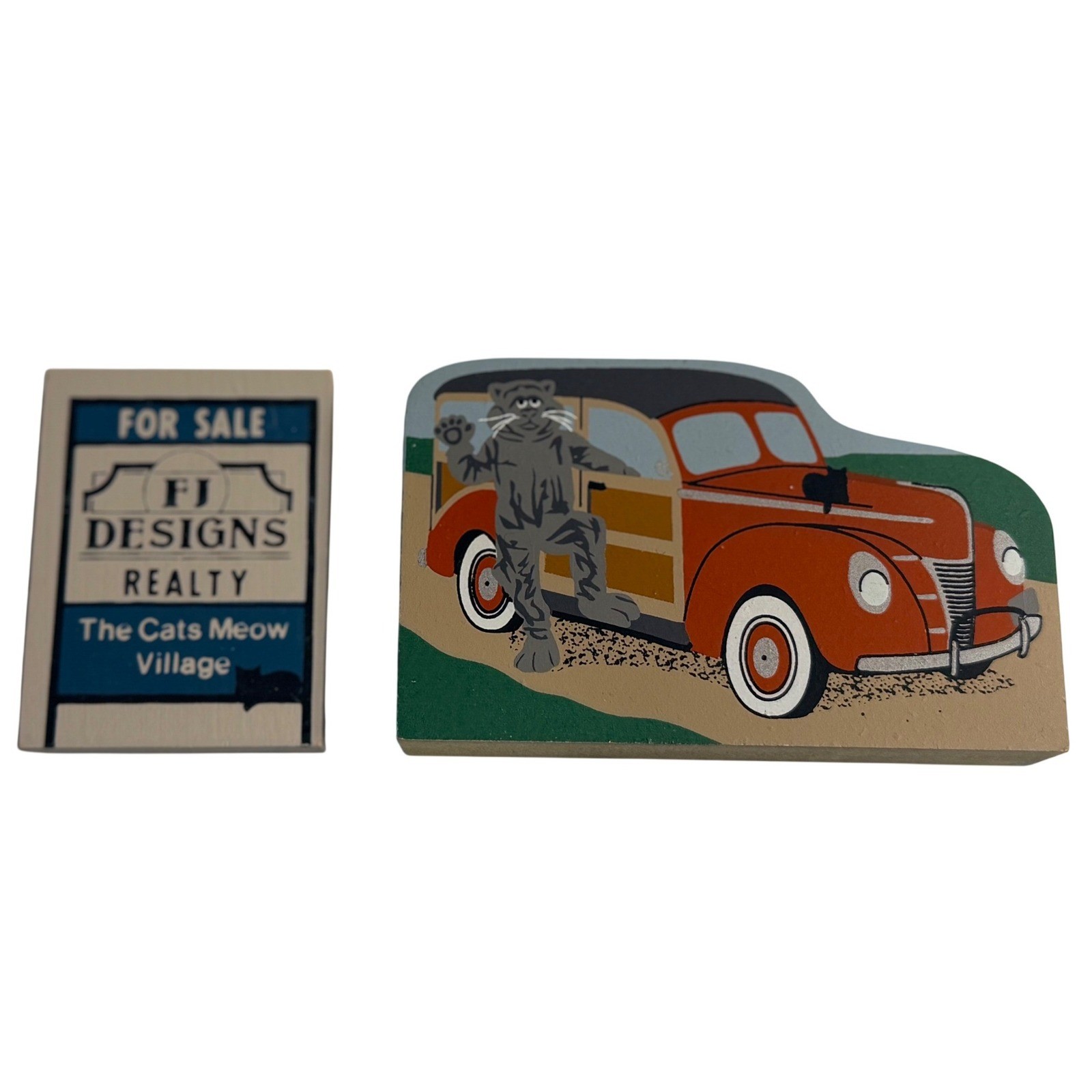 VTG The Cats Meow Village Woody Car Spike Realty Sign Wood Decor 2003 Exclusive