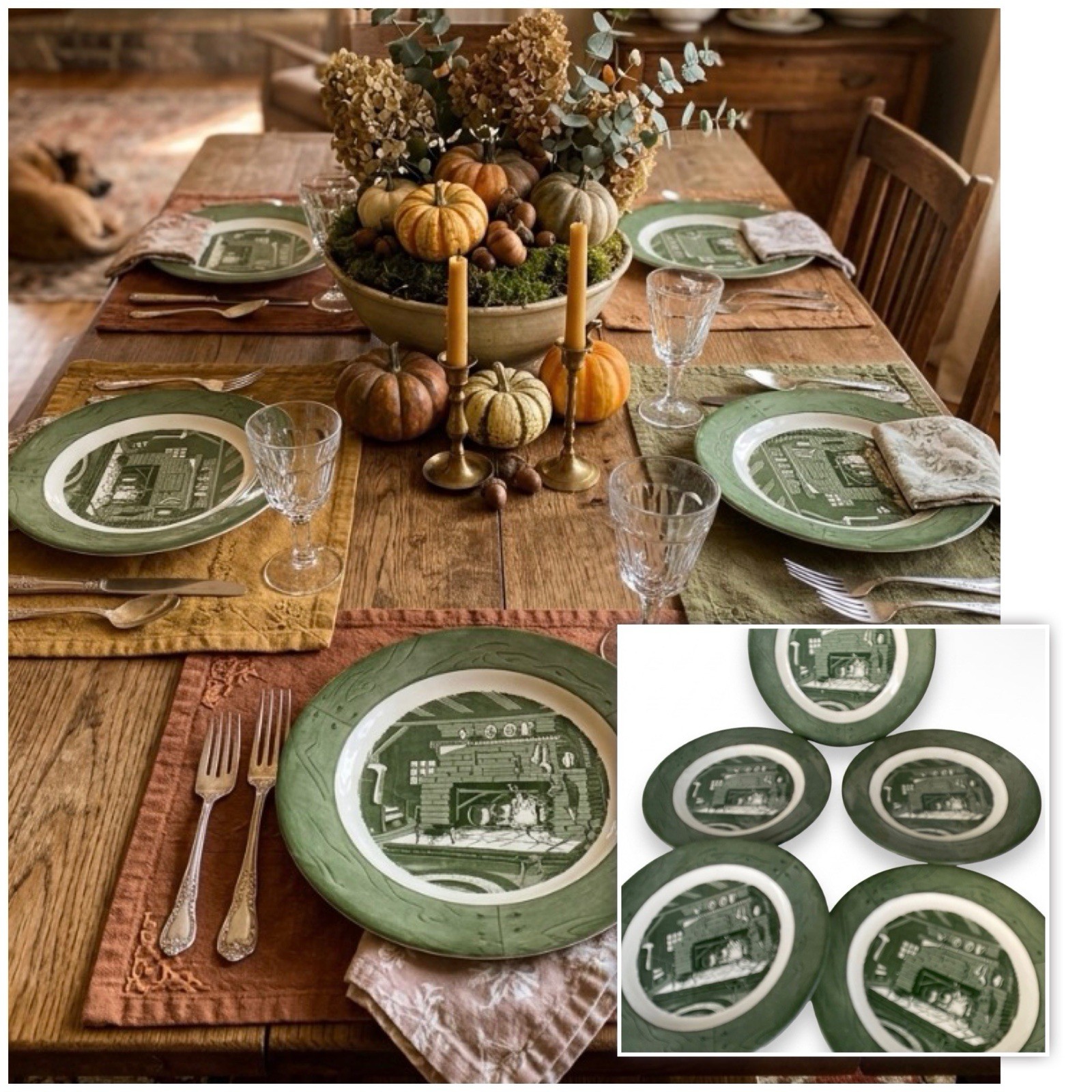 5 Vintage 1950 Colonial Homestead Royal China Fireplace Scene 10”Dinner Plates
