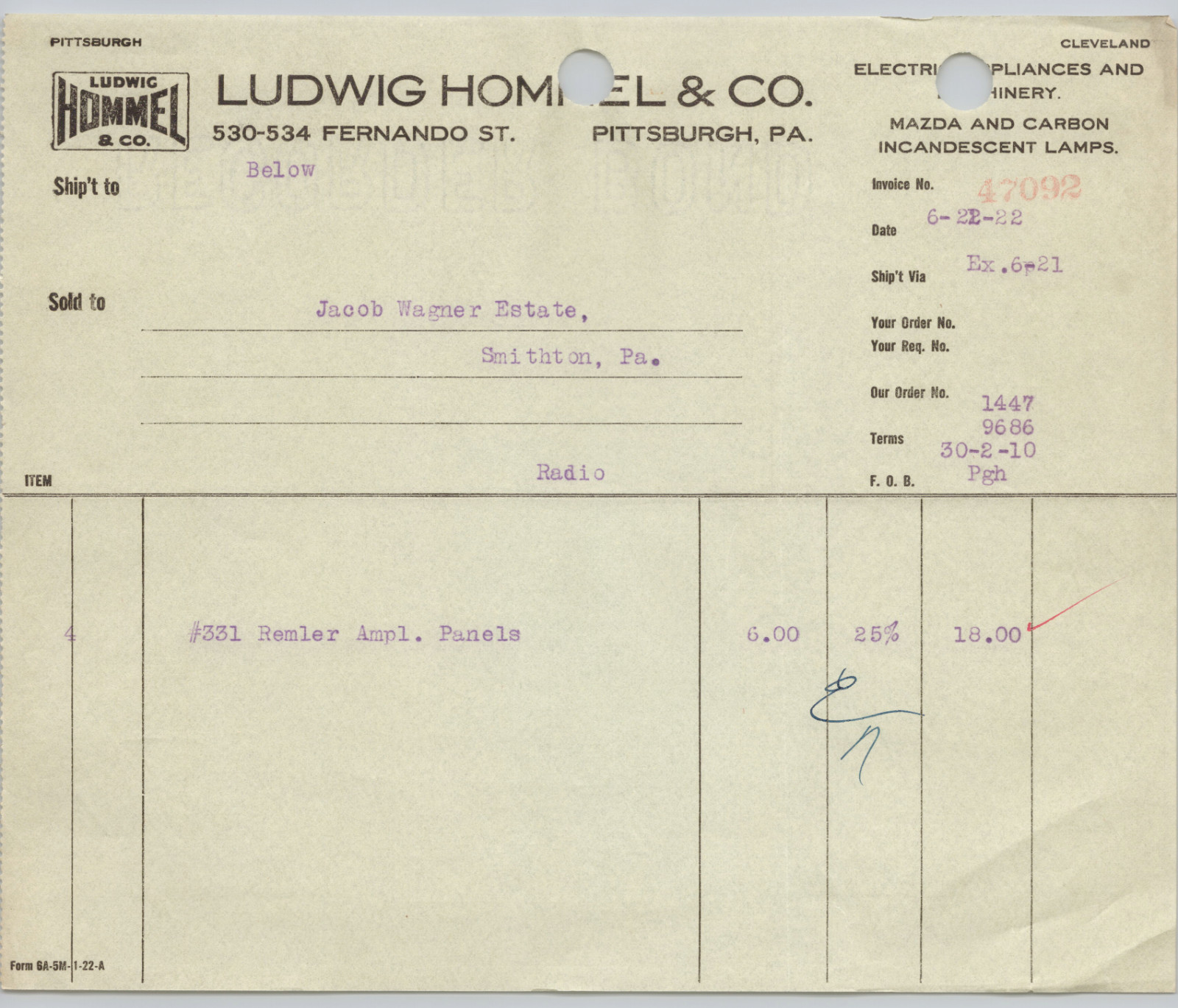 1922 Billhead Receipt Ludwig Hommel & Co. Pittsburgh, PA. Appliances
