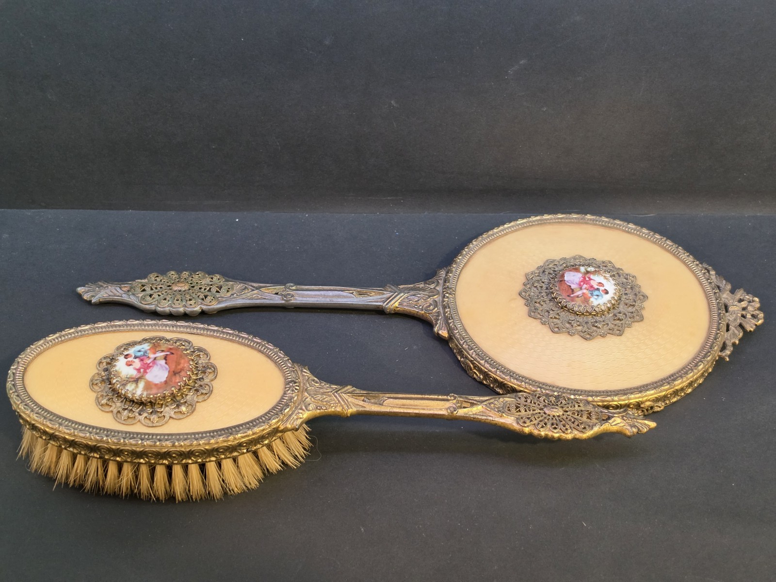 Antique Hollywood Regency 2-Pc Vanity Set Brass Filigree Mirror & Brush Cameo... Antique Hollywood Regency 2-Pc Vanity Set Brass Filigree Mirror & Brush Cameo...