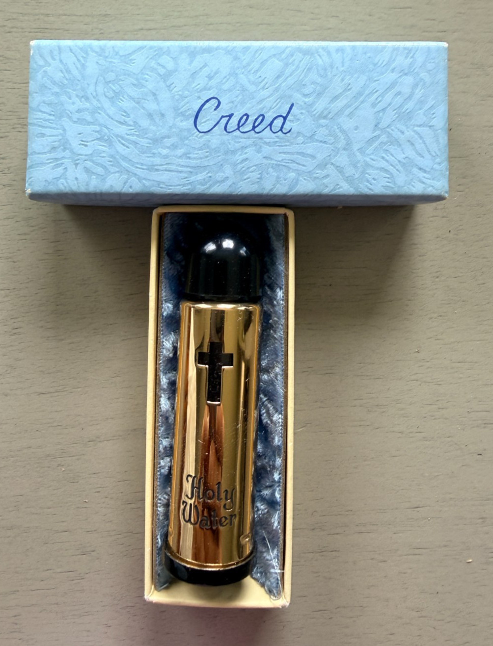 Vintage Holy Water Vial Bottle Gold Tone Cross Original Creed Presentation Box