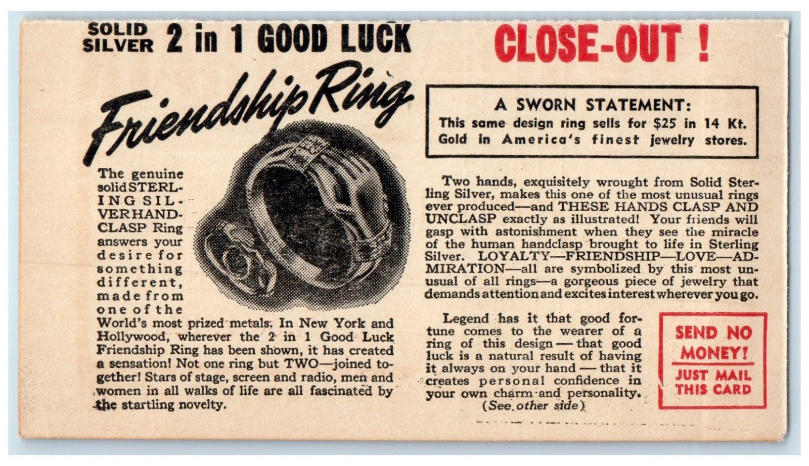 c1940's 2 in 1 Good Luck Friendship Ring Niresk Jewelers IL Postal Card