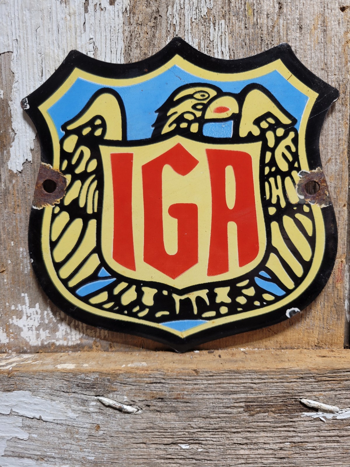 VINTAGE IGA PORCELAIN SIGN OLD GROCERY STORE FOOD MARKET EAGLE GROCERS SHIELD