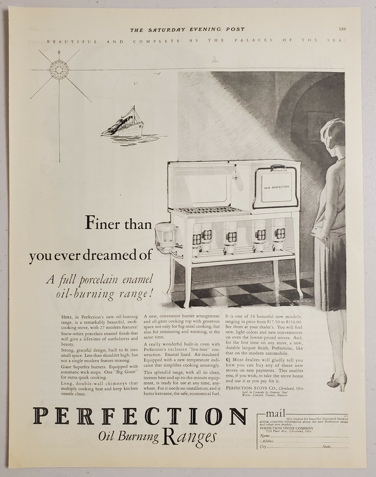 1928 Print Ad Perfection Oil Burning Ranges Porcelain Enamel Cleveland,OH