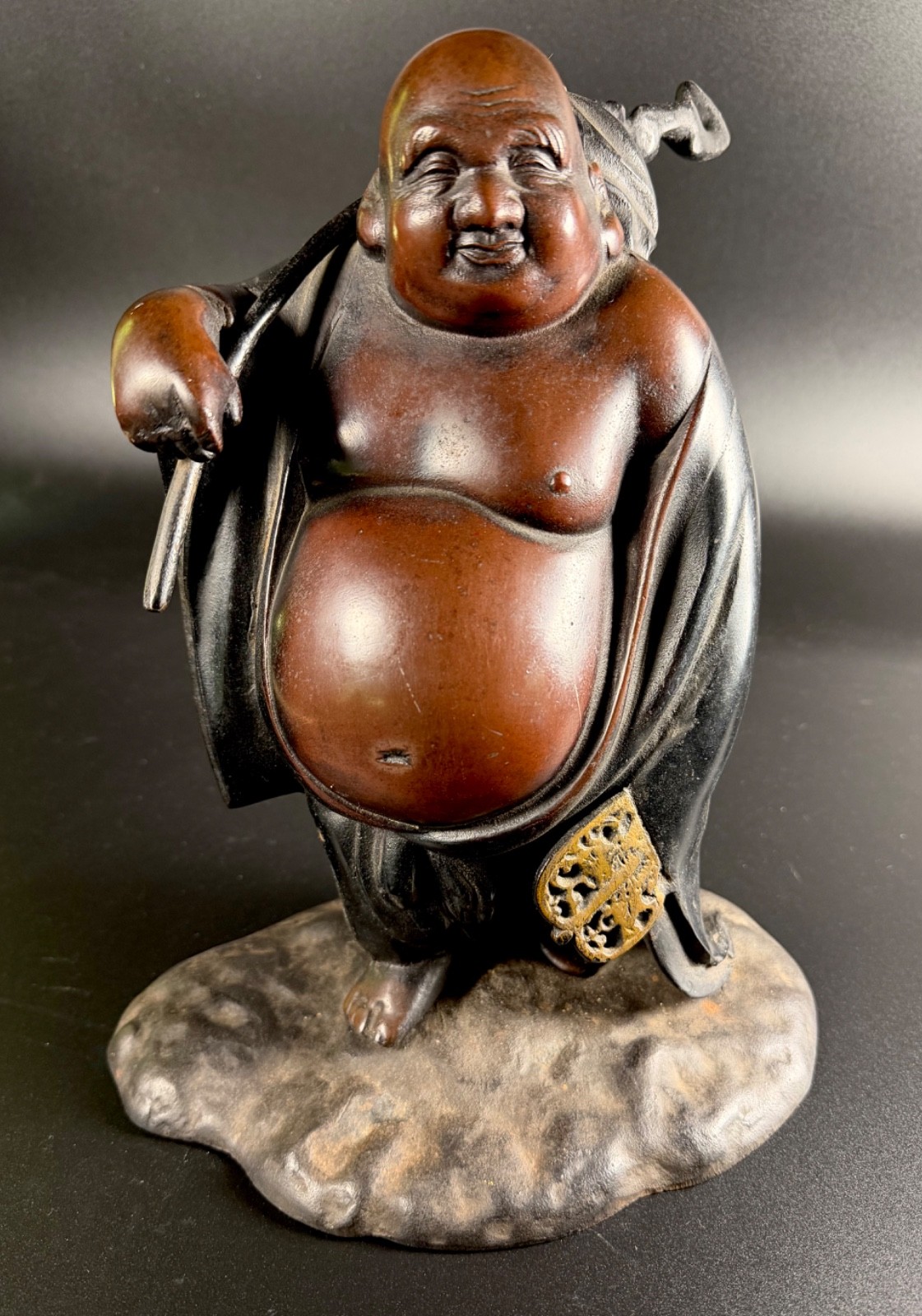 11-Inch-Tall Vintage Japanese Bronzed Buddha Cast Iron Hotei Sculpture