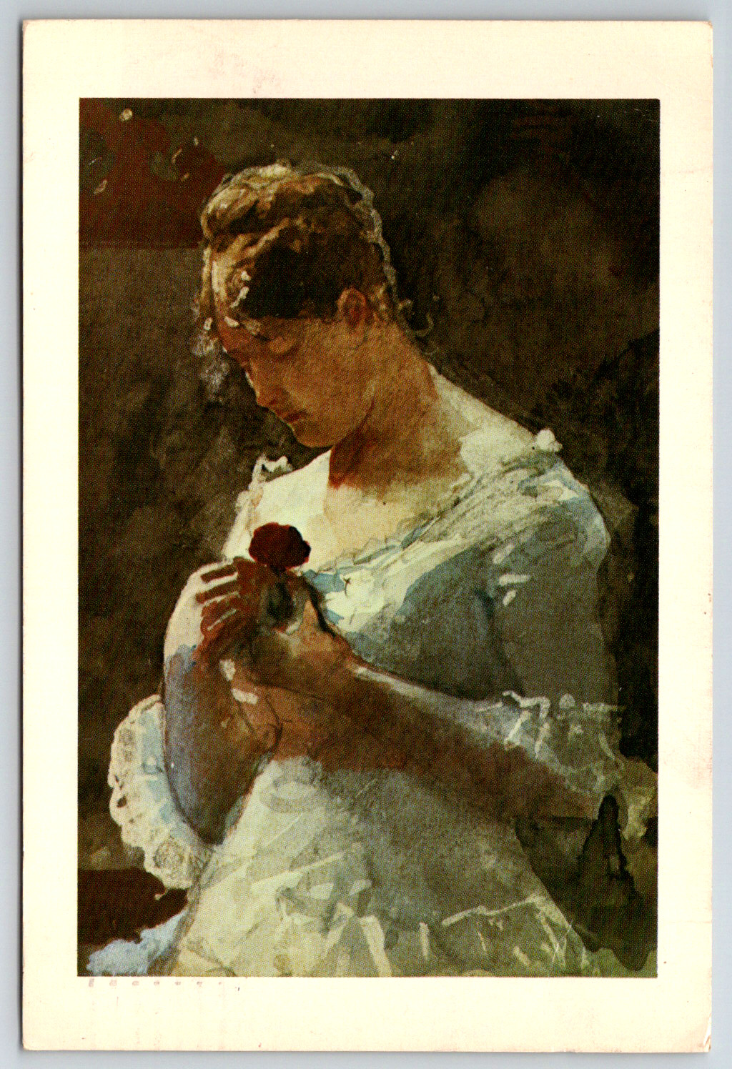 c1980s Woman with a Rose Winslow Homer Art Vintage Postcard