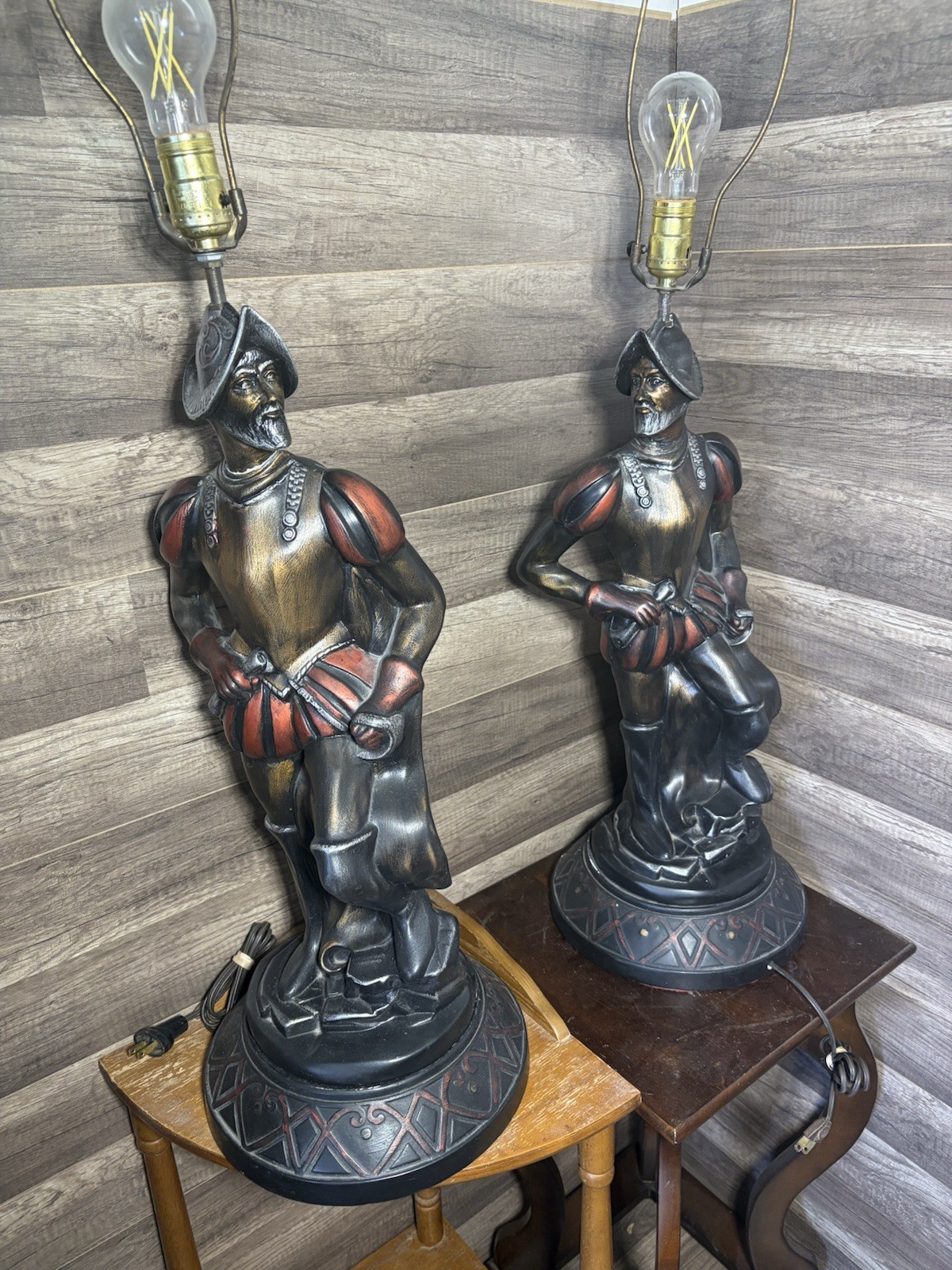 RARE Pair Victorian Figural CONQUISTADOR Ceramic Table Lamps