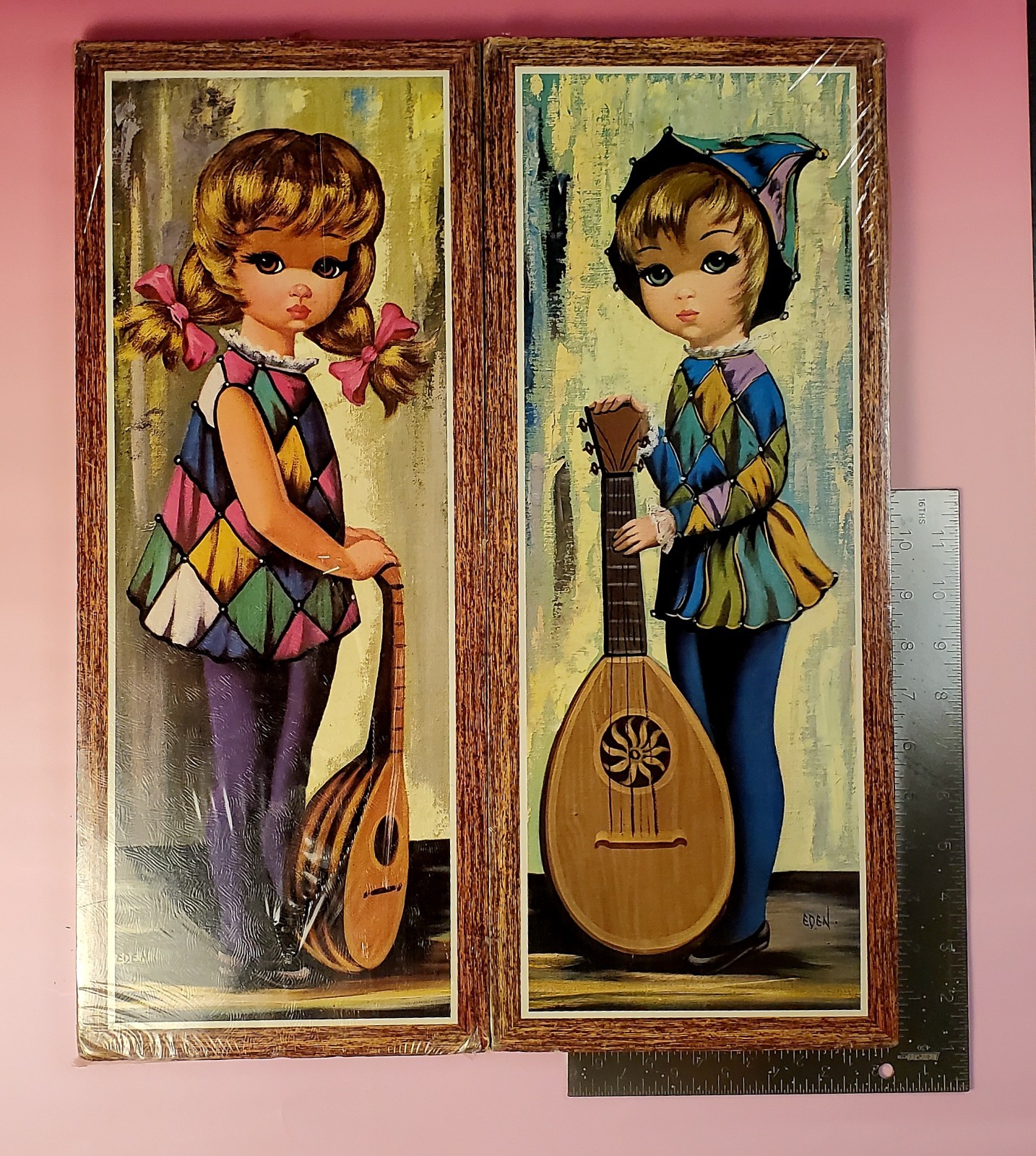 NOS VTG 1960s Eden Big Eye Moppets Boy Girl Lute Plaques Sealed Soroka Sales MCM
