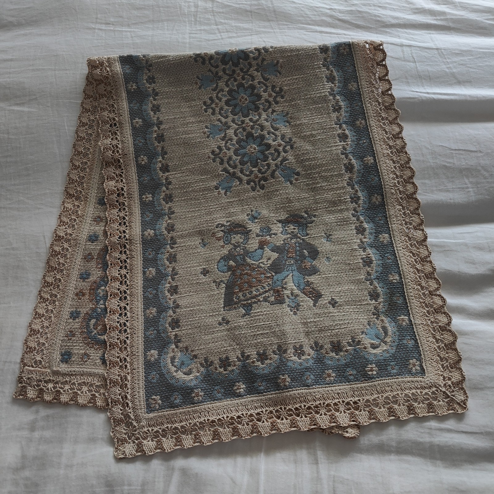 VTG Austrian Woven Table Runner Bavarian Dancers Cotton & Linen Blue Folk Art