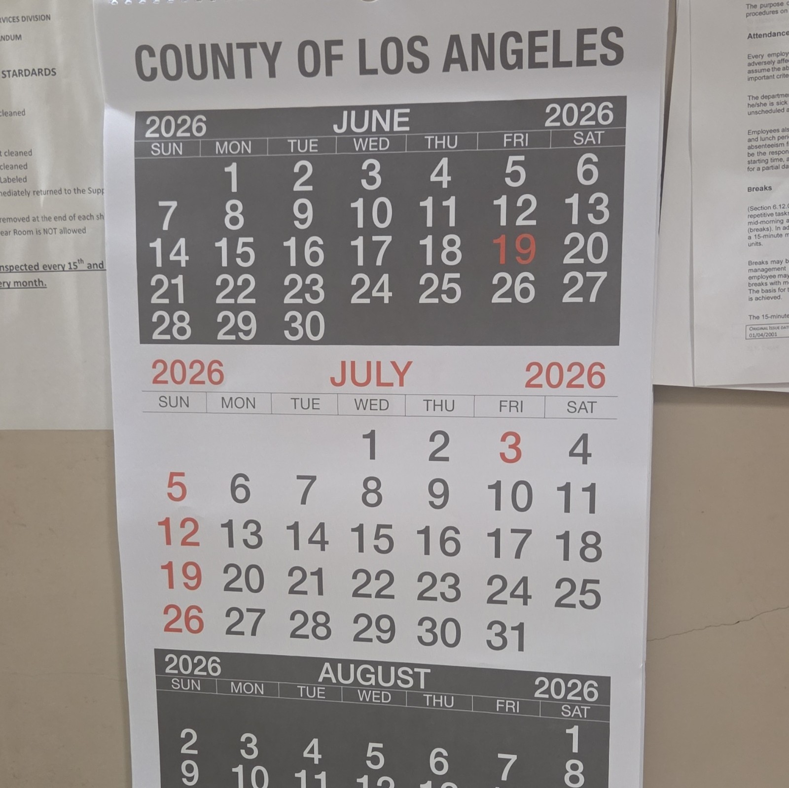 County of Los Angeles 2026 Wall Calendar Page June-July-August 2026