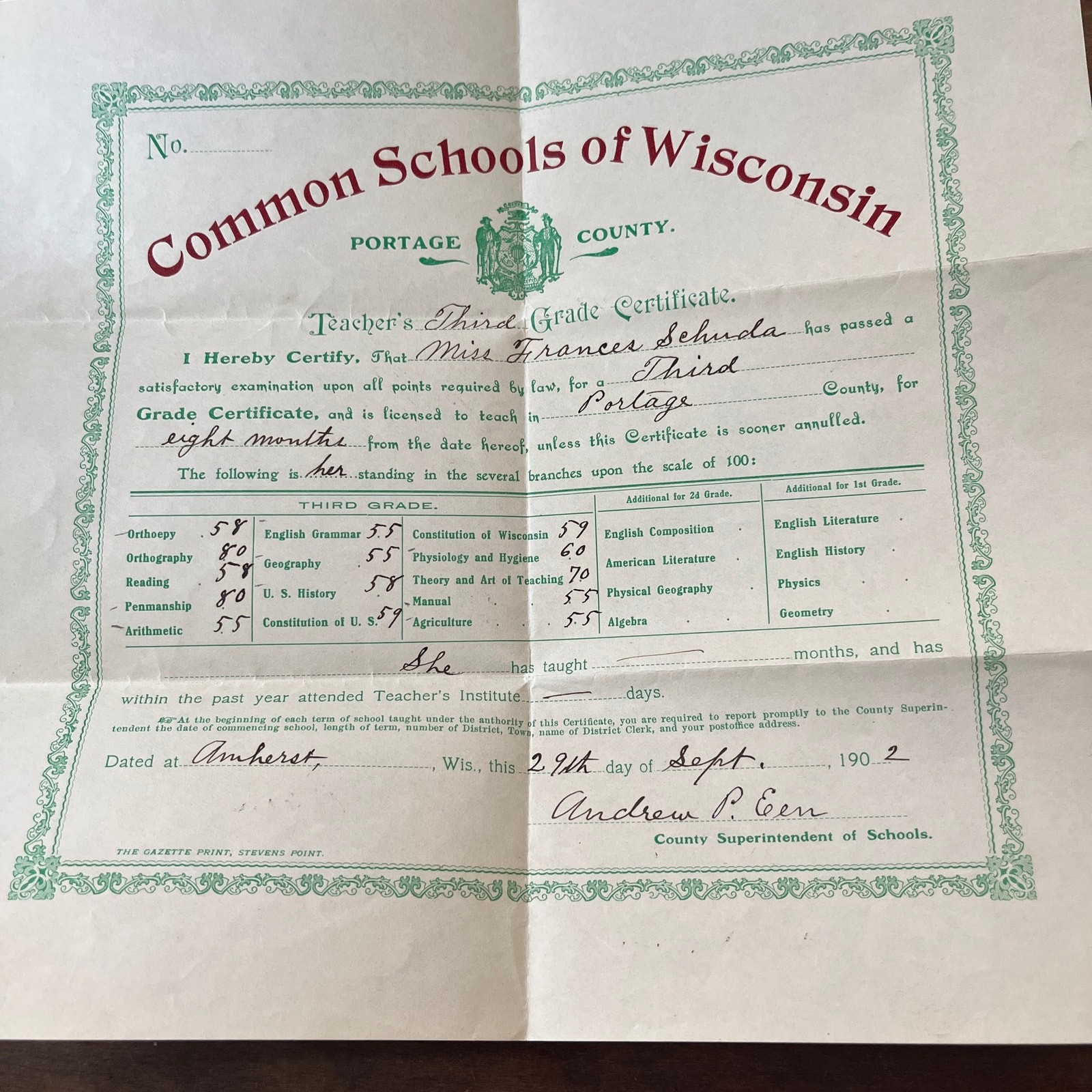 1902 Portage Cty 3rd Grade Cert Frances Schunda Andrew P. Een Amherst WI L2-5