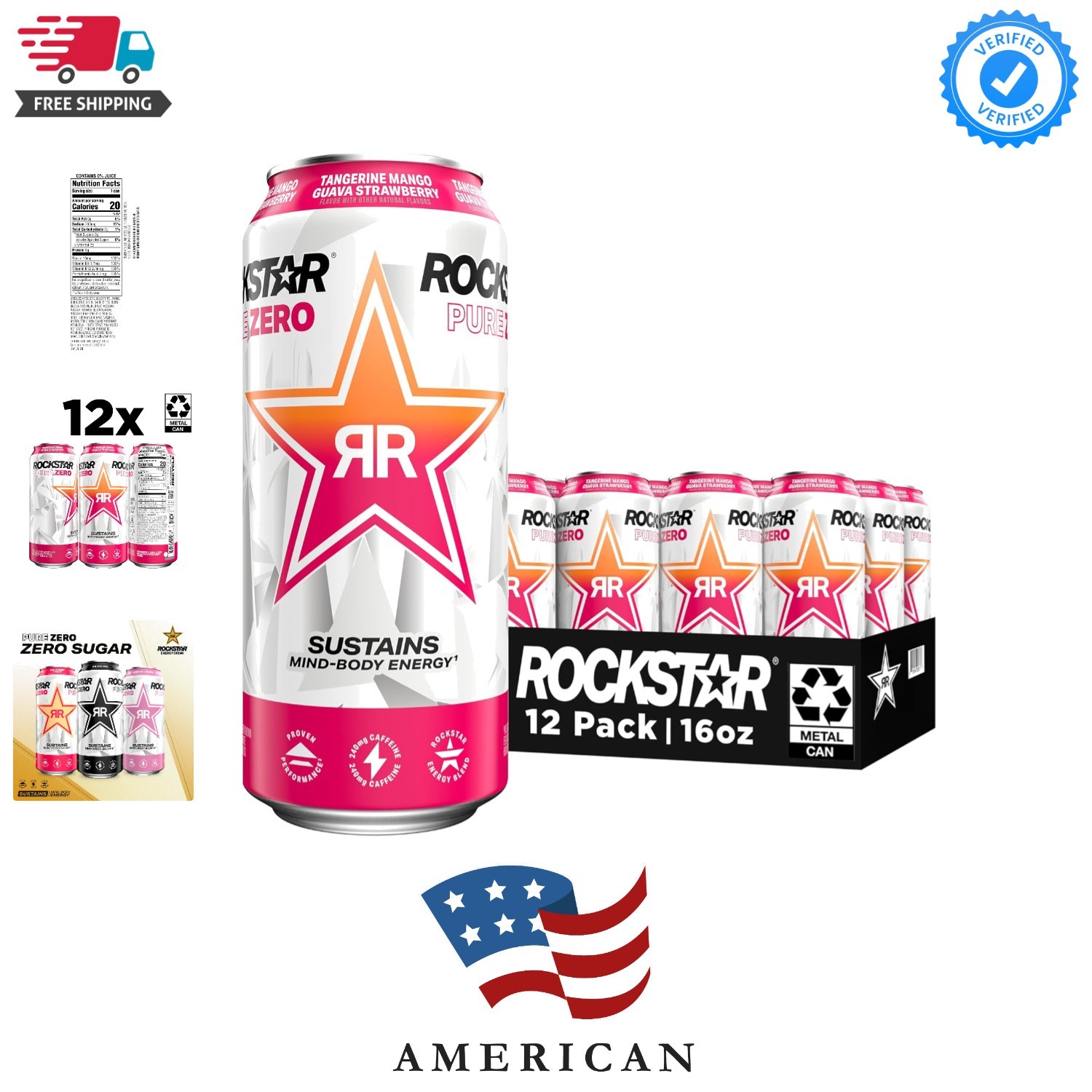Rockstar Pure Zero Energy Drink, Tangerine Mango Guava Strawberryh, 0 Sugar, ...