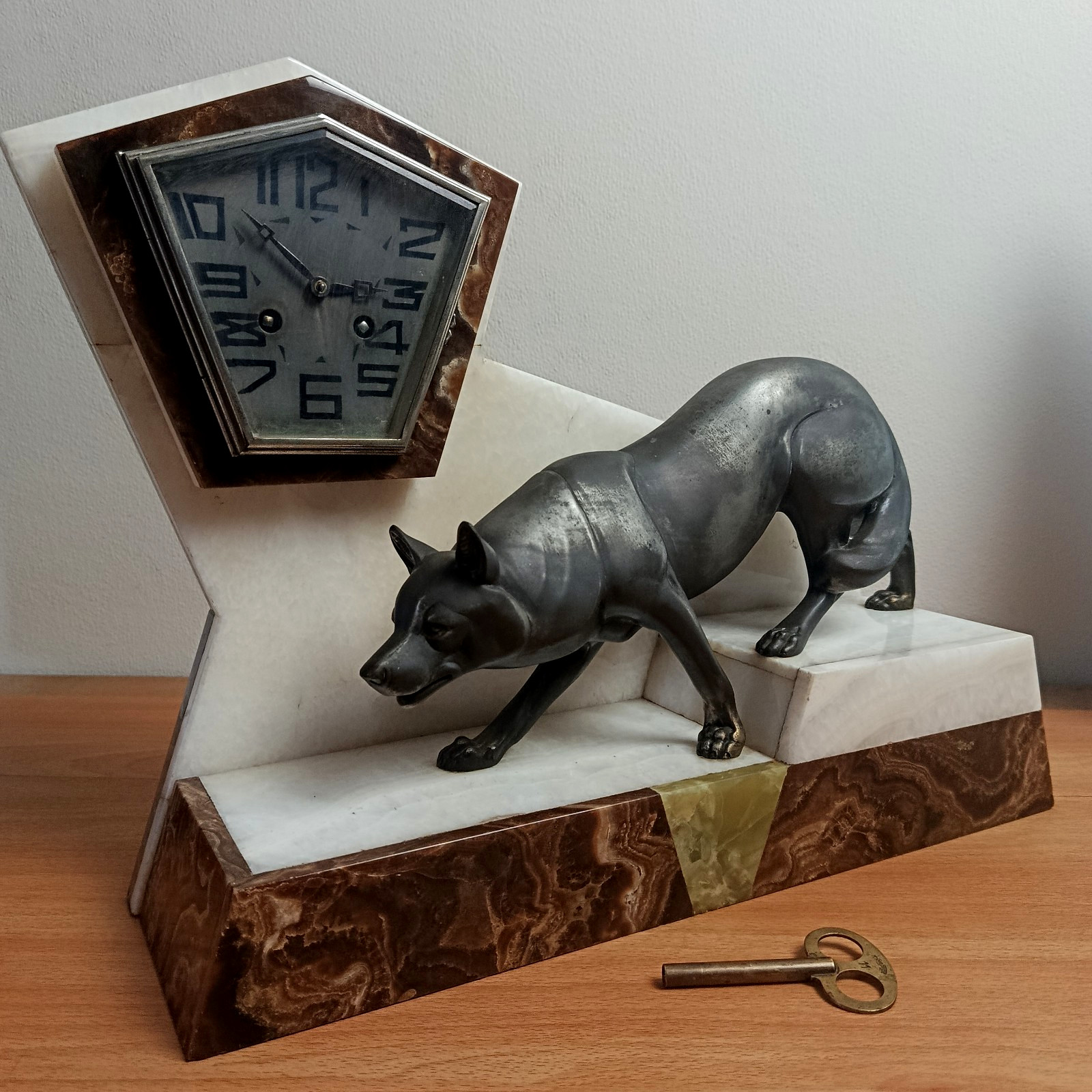 Working Large French Art Deco Marble Alsation Dog Figural Mantel Clock C.1920’s