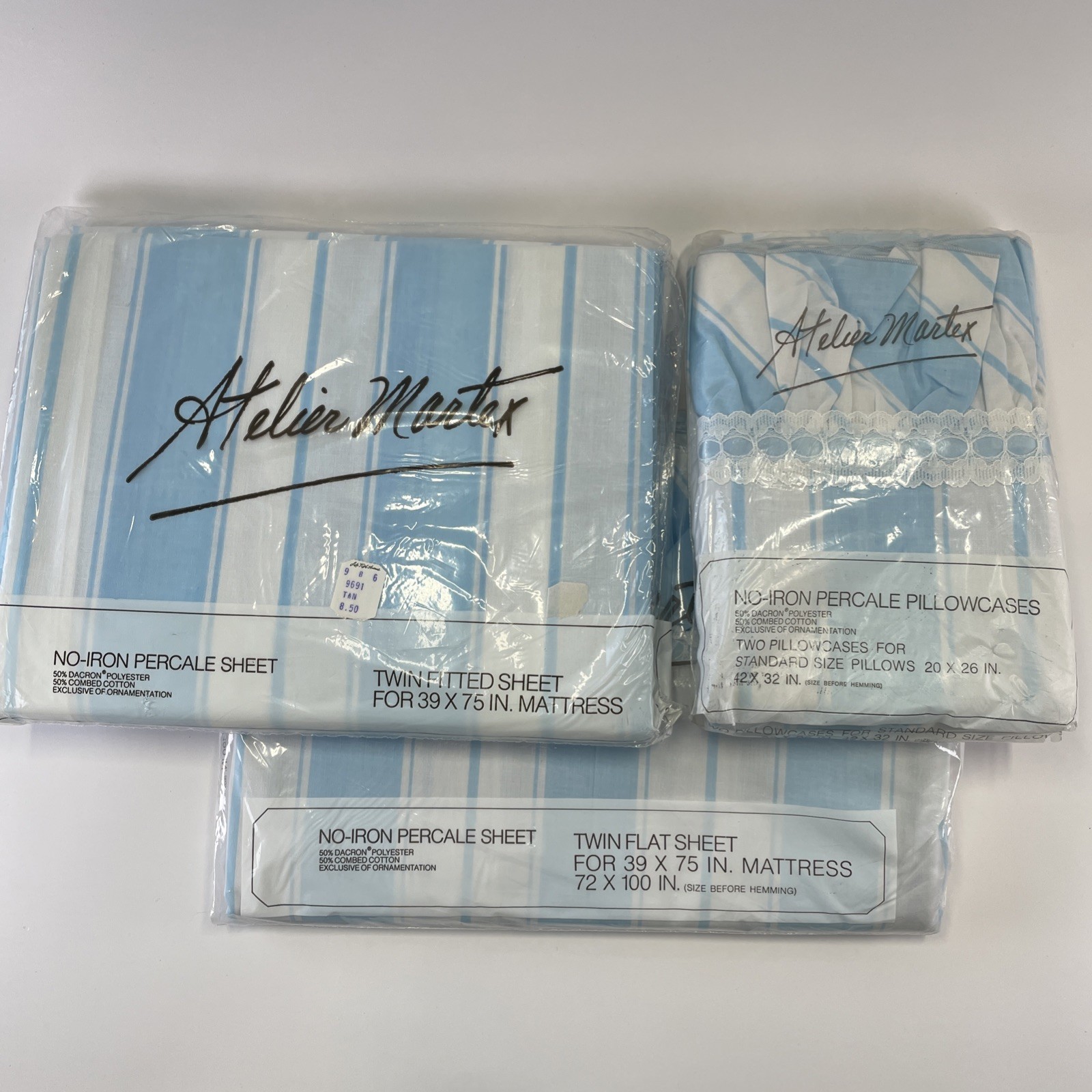 VTG Atelier Martex Twin Sheet Set (4 pc) Percale ~ PARASOL STRIPE ~ Blue & White