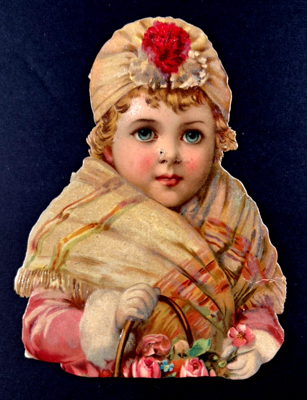 Antique Victorian Embossed Die Cut Scrap Winter Girl with Basket Flowers 4.5x3.5 Antique Victorian Embossed Die Cut Scrap Winter Girl with Basket Flowers 4.5x3.5