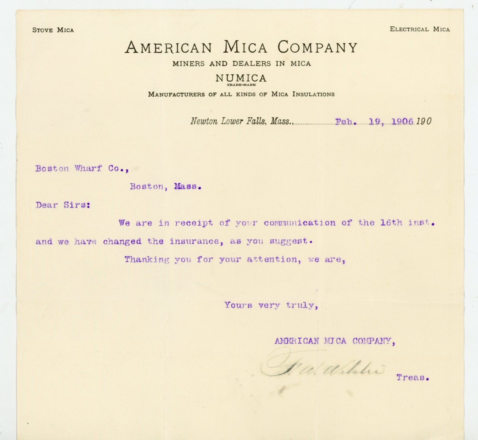 1906 American Mica Company Letterhead Newton Lower Falls Mass Boston Wharf Co