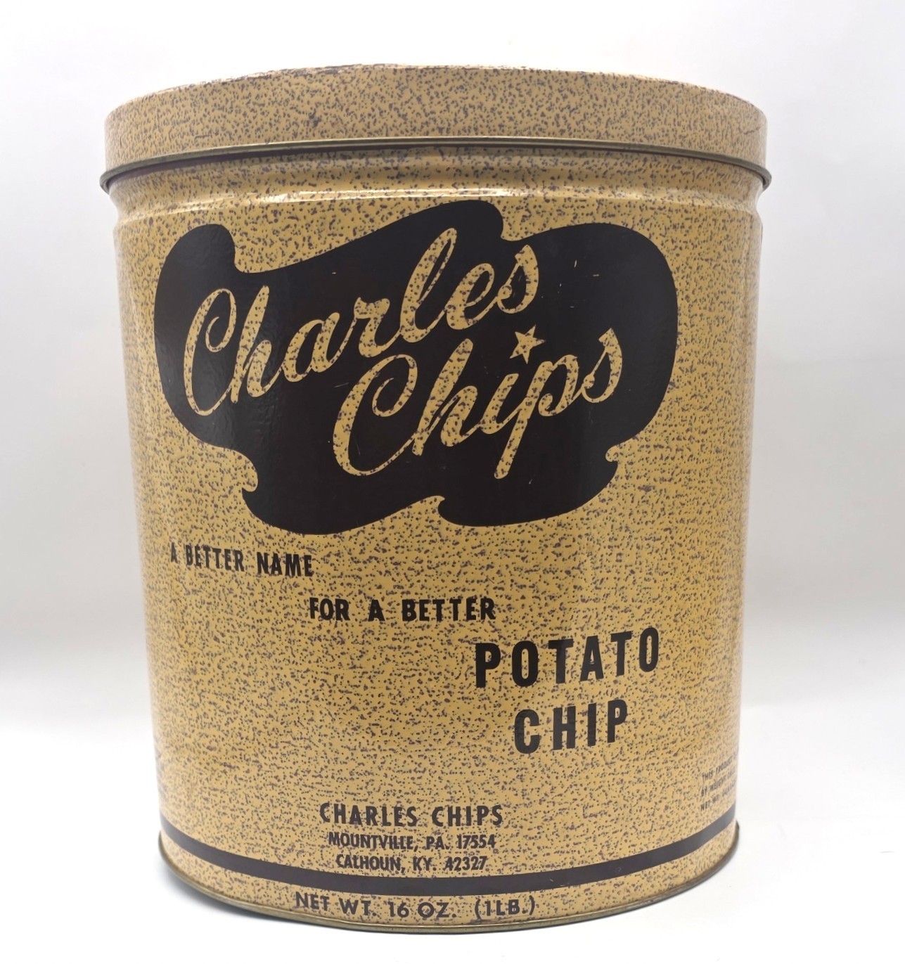 Vintage 1970s Charles Chips Potato Chip Tin w/lid 16 Oz Mountville PA Calhoun KY