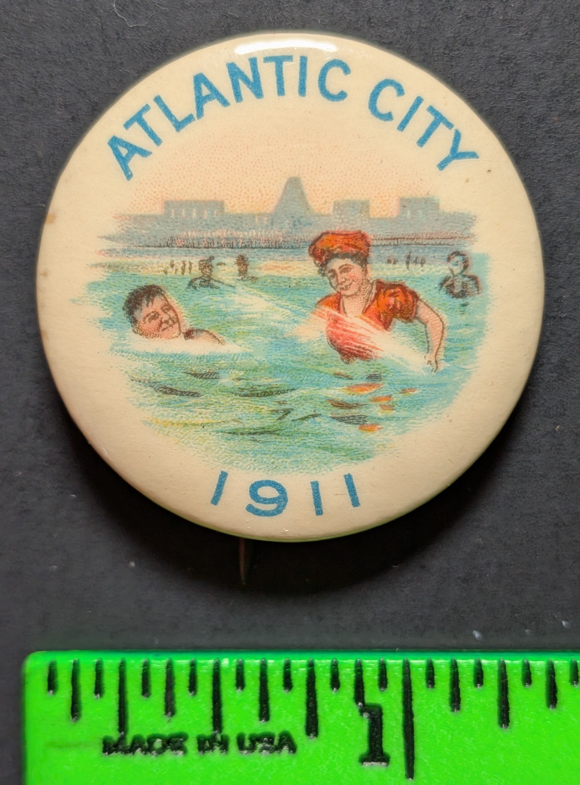 Vintage 1911 Atlantic City New Jersey Husband Wife Beach Pinback Pin