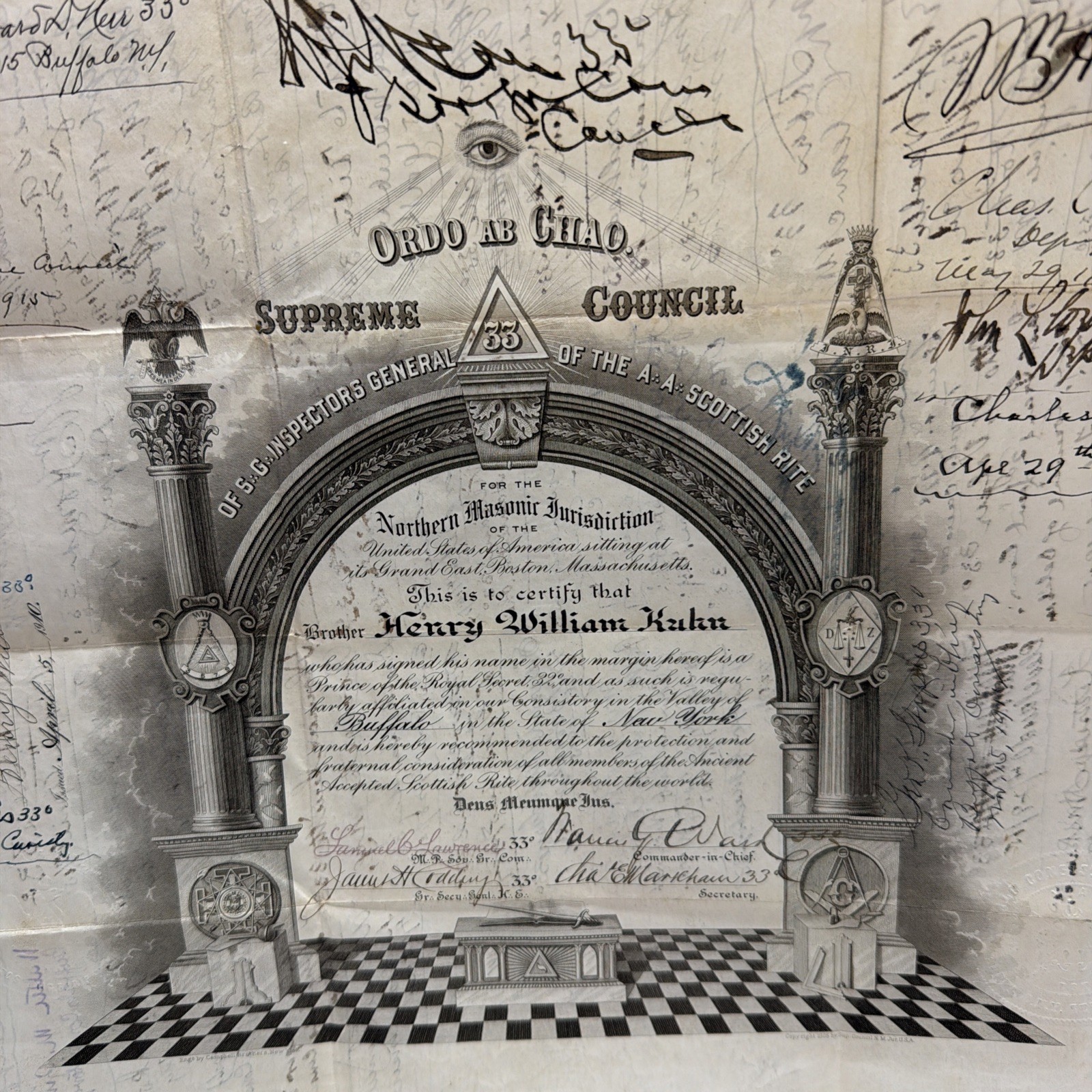 Ephemera 1910 MASONIC ROYAL SECRET 33 Member Certificate ORDO AB CHAO SUPREME Ephemera 1910 MASONIC ROYAL SECRET 33 Member Certificate ORDO AB CHAO SUPREME