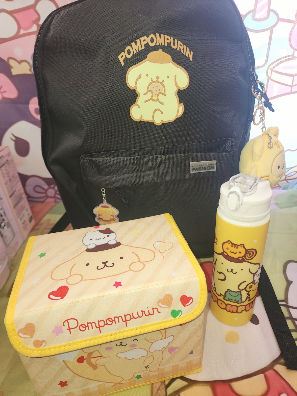 Super Cute Sanrio Pompompurin 3-Piece Lot  Backpack, Storage Box & Water Bottle