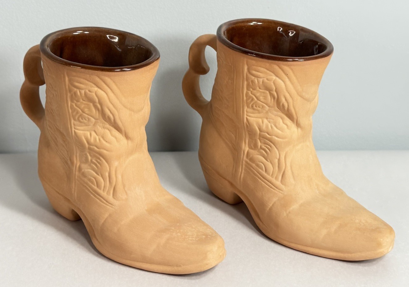 Vintage Set 1981 Frankoma Pottery C33 Figural Cowboy Boot Bud Vase Coffee Cup 5\