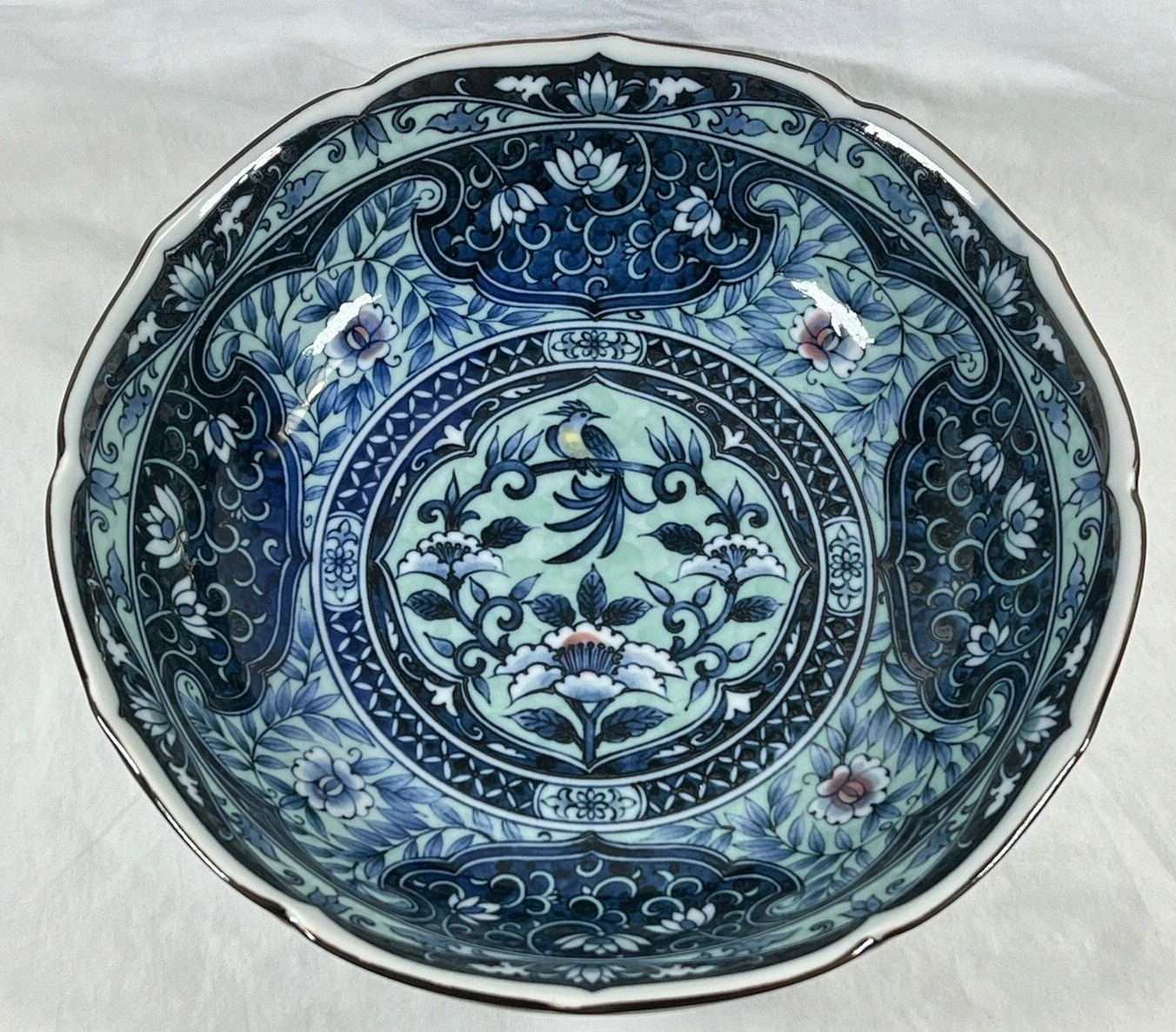 VTG Japanese Arita Jitsu-To Cobalt Blue Porcelain Peacock Serving Bowl 9.75x2.5\