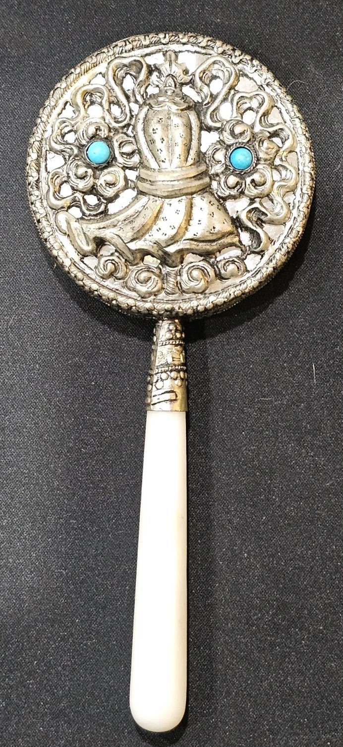 Vintage Chinese Silver Plated Hand Mirror with Silver Base Beautiful Handle 7\