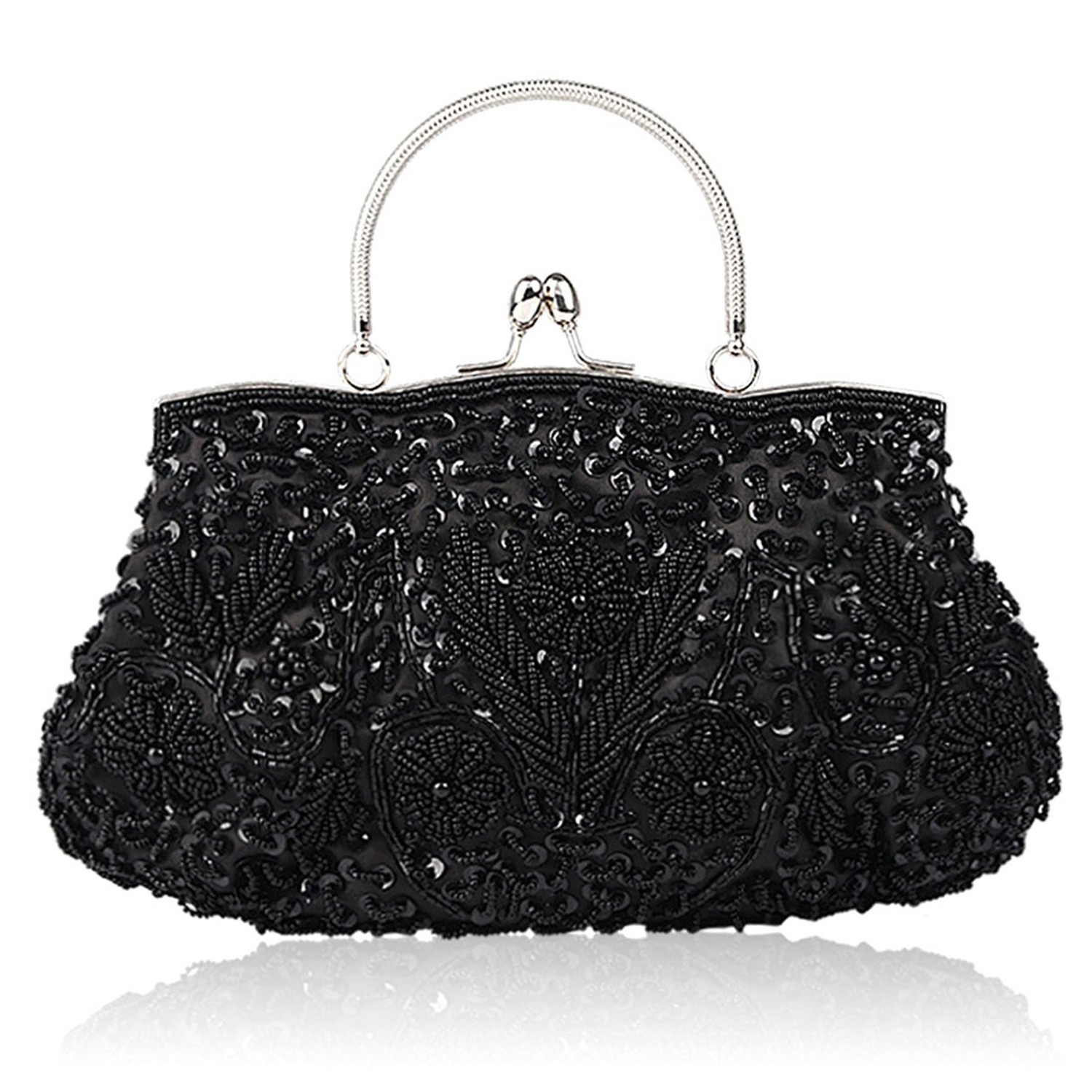Simcat Beaded Sequin Flower Evening Purse Large Clutch Bag Black