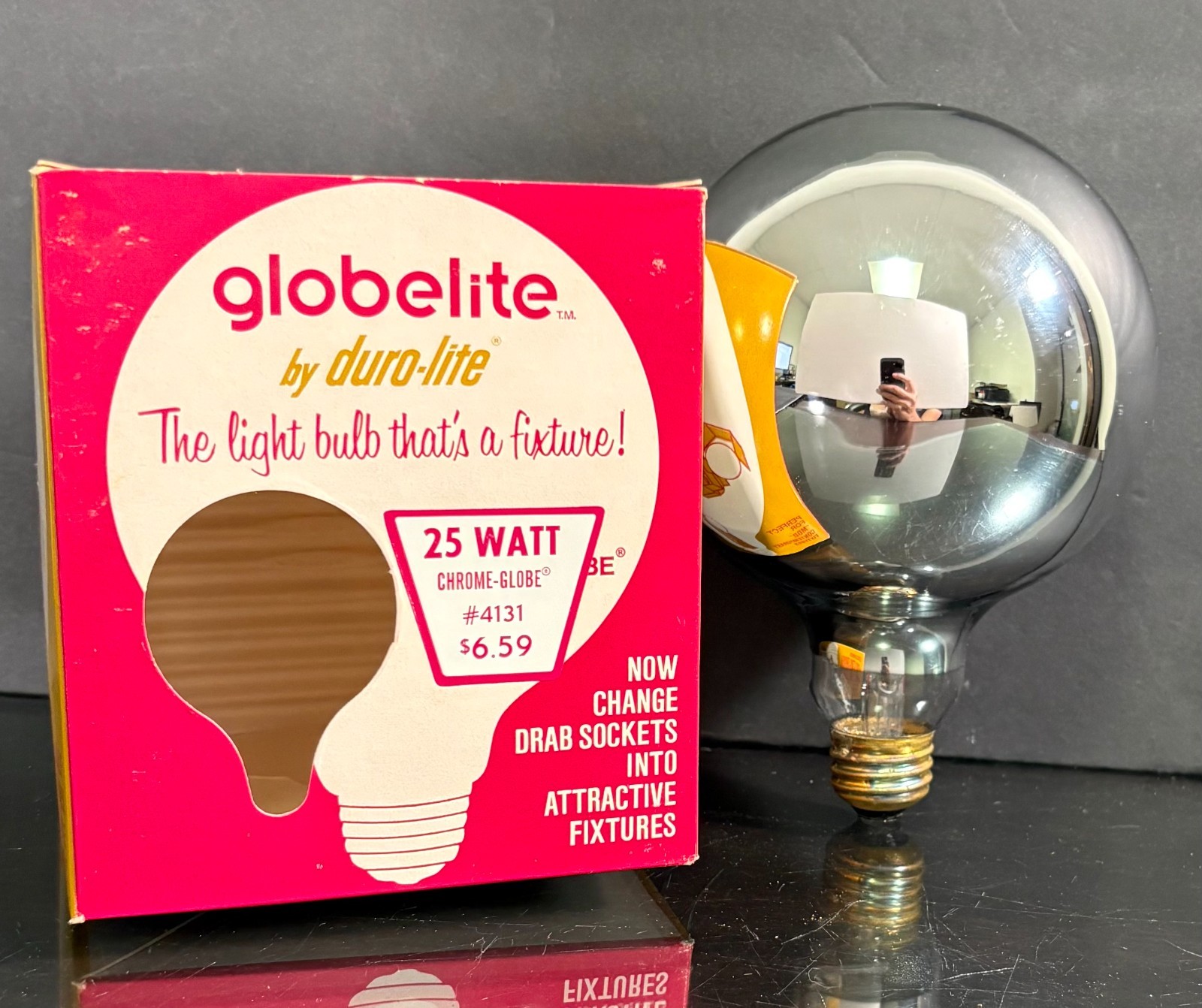 Vtg Globelite by Duro-Lite Huge CHROME GLOBE LIGHT BULB 25W Box 1970's Swag Mod