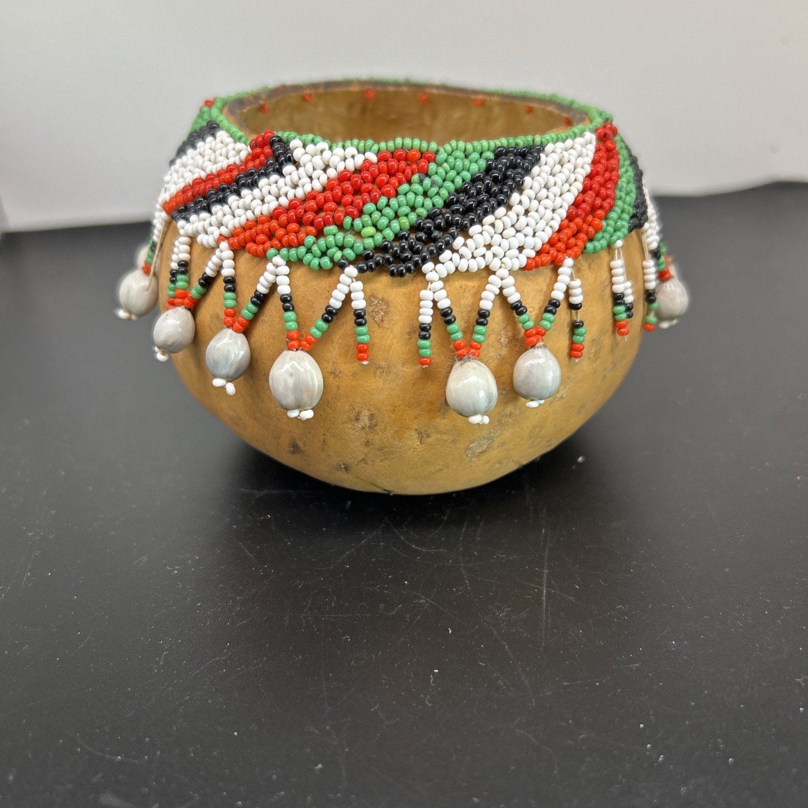 Vintage Native American Designed & Beaded Handcrafted Gourd Art 4.5x3”