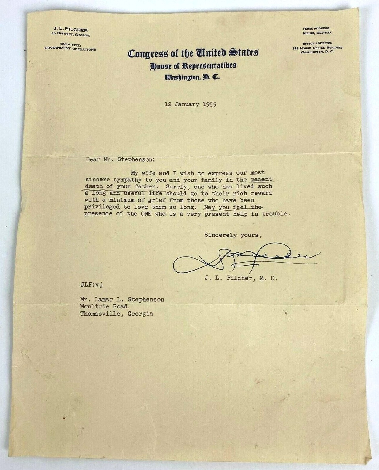 1955 Congress Letterhead Signed J.L. Pilcher US House of Representatives VTG