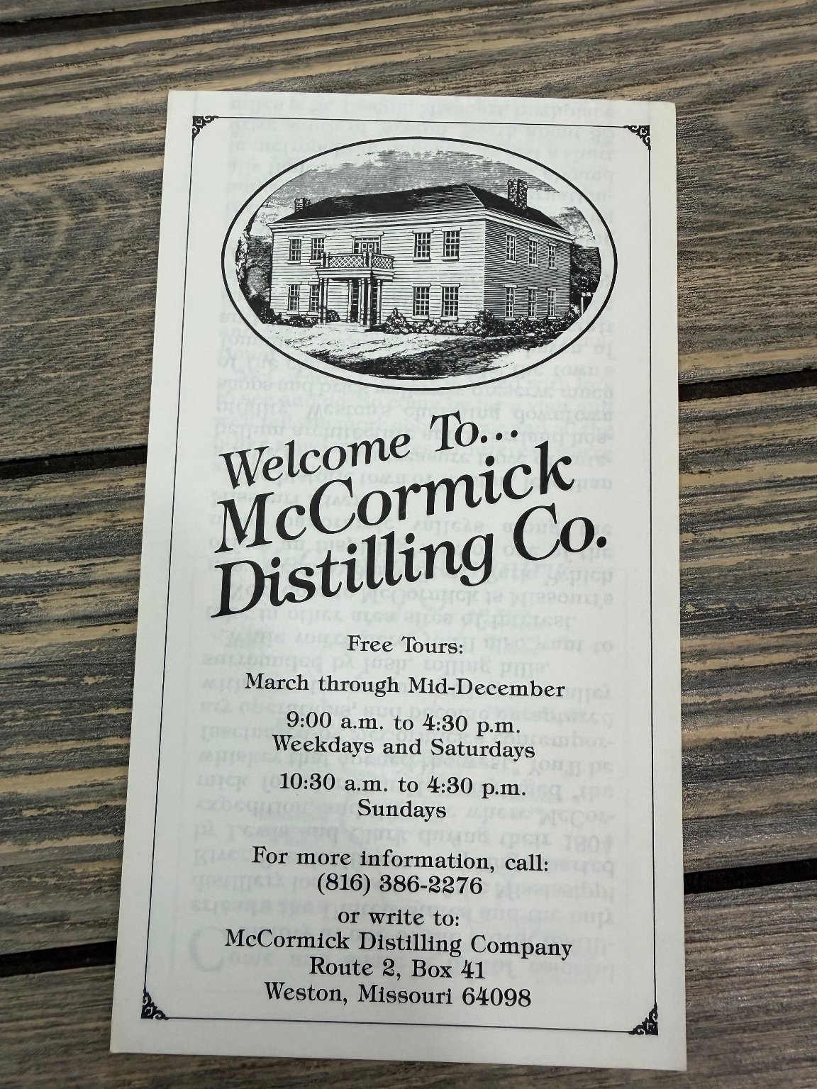 McCormick Distilling Co. Weston Missouri Distillery Tour Brochure Spirits List