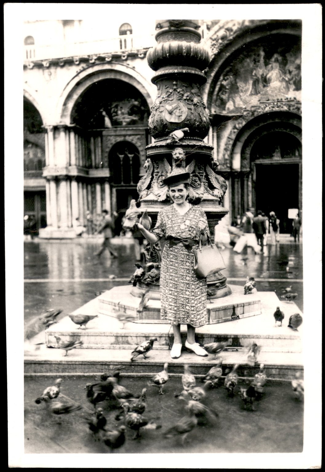 Woman Feeding Pigeons 1930s Snapshot Photograph Venice Italy Travel
