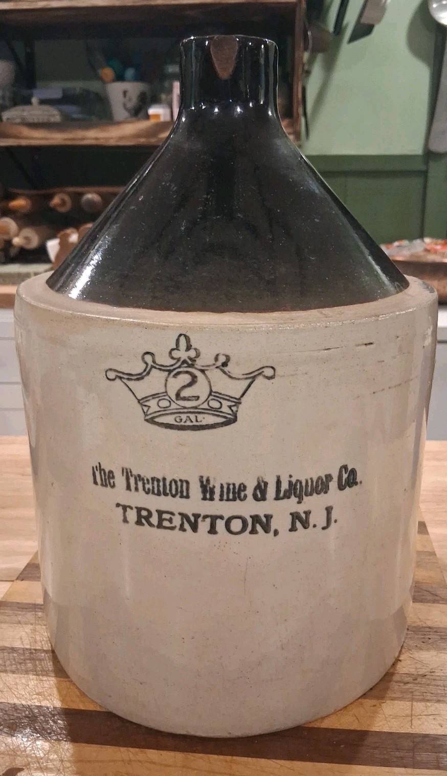 Antique The Trenton Wine & Liquor Co.Trenton ,NJ Stoneware Jug- 2 Gal. 2 Chips