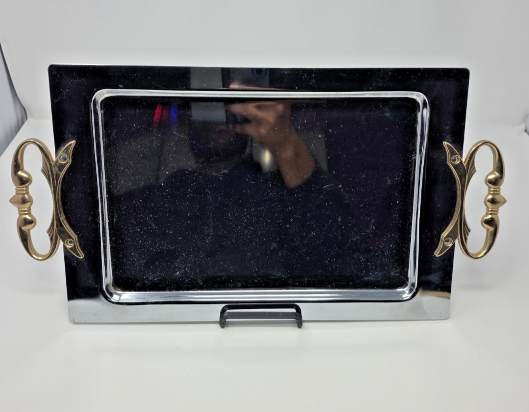 Kromex MCM Stainless Steel Silver 17x9 Serving Tray with Gold Plated Handles