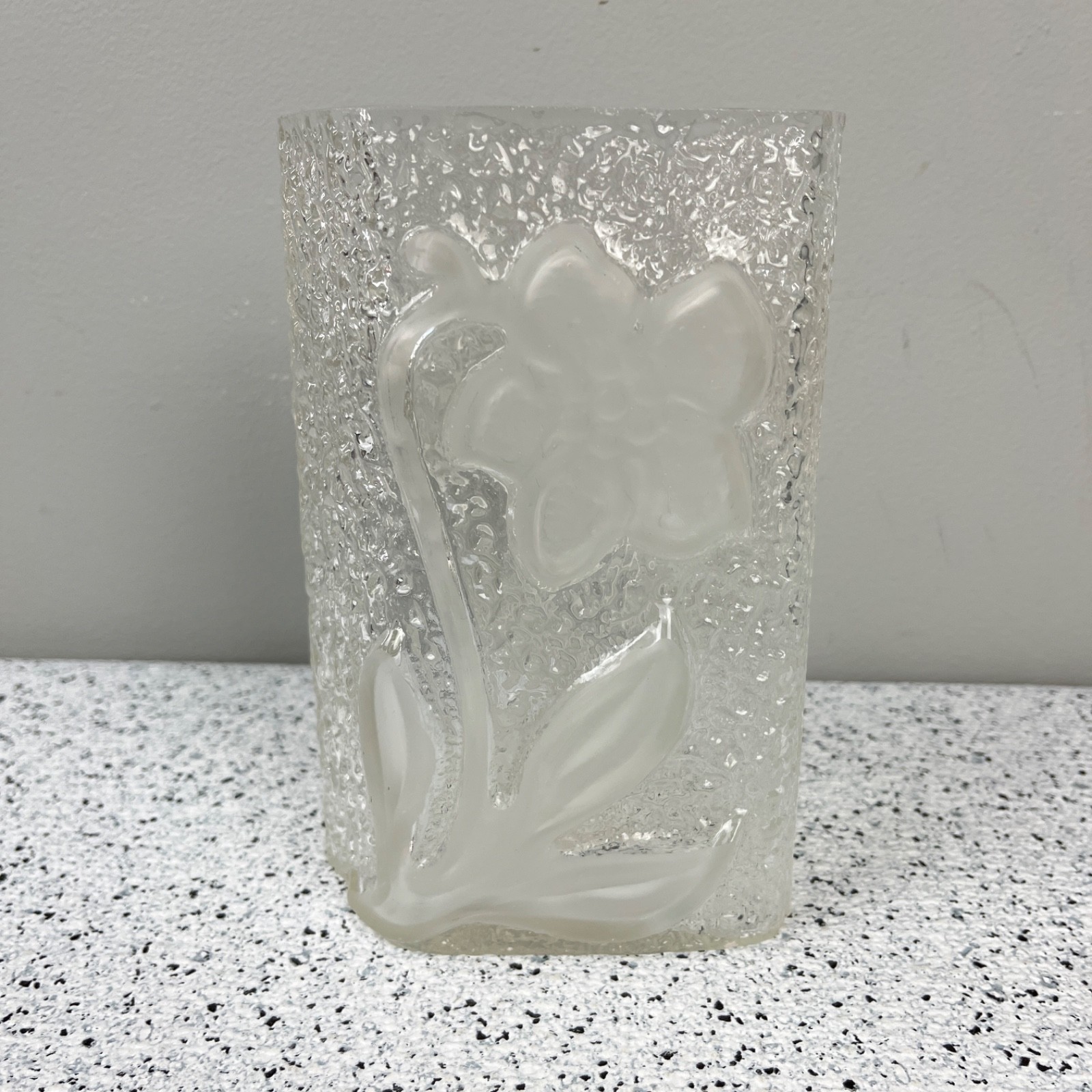 Glass Vase Textured Chunky Frosted Flower Daffodil Asymmetrical Vintage 70s