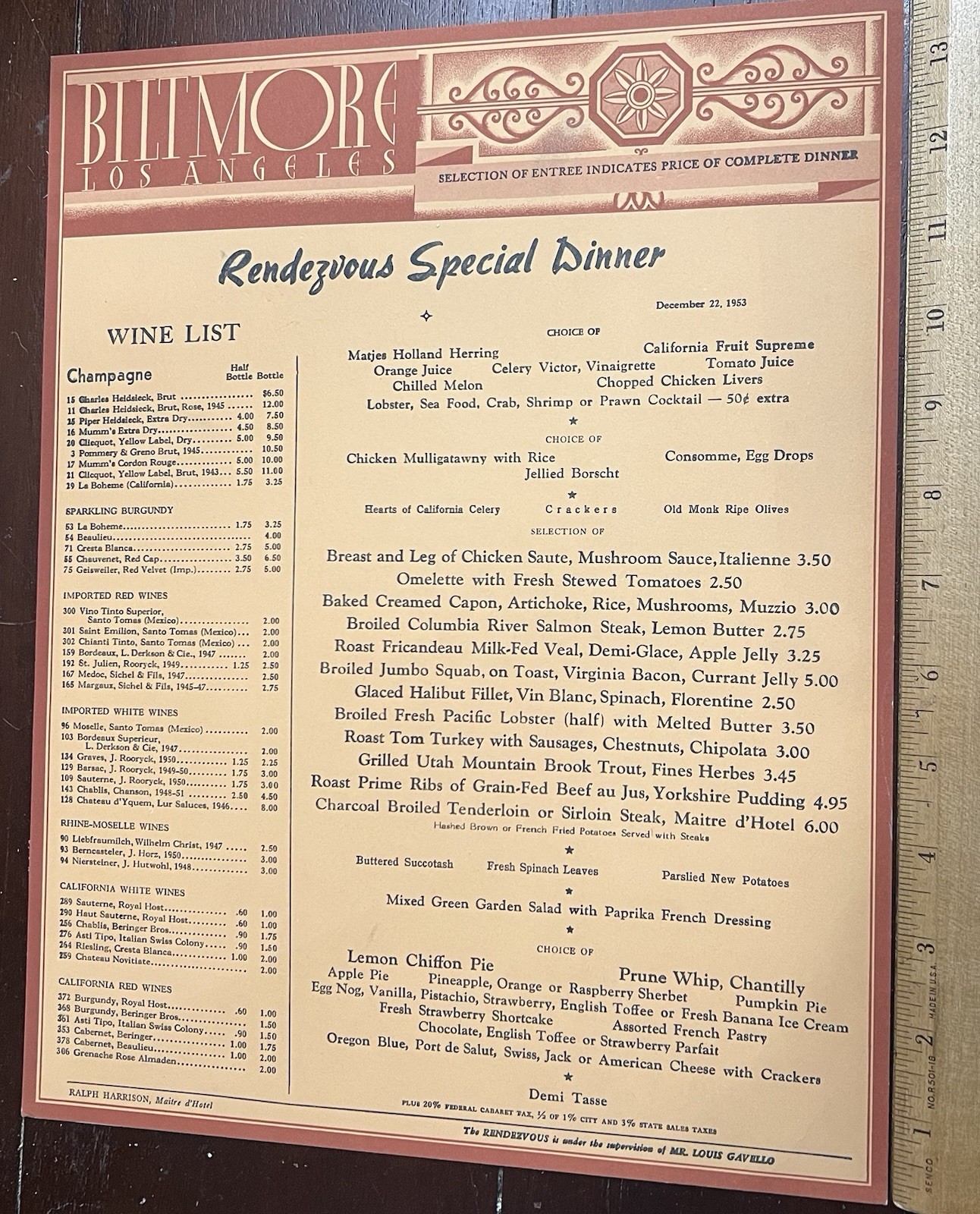 Dec 22, 1953 Menu Biltmore Los Angeles Rendezvous Special Dinner