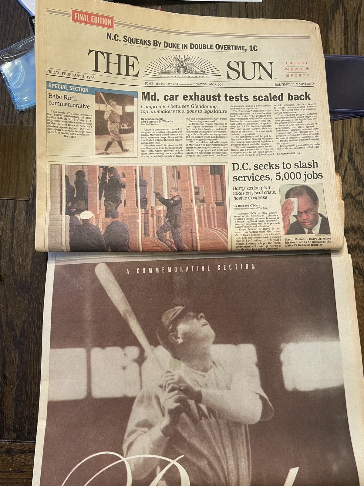 Feb 3 1995 Baltimore Sun Babe Ruth commemorative paper