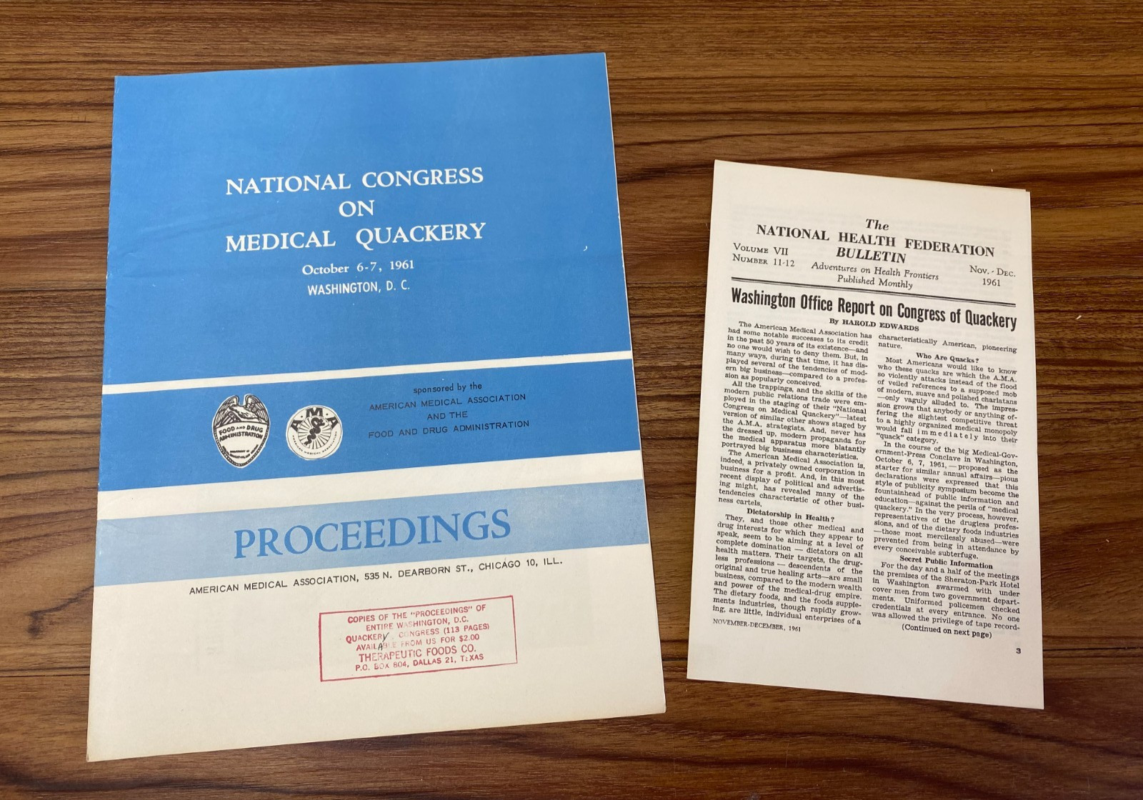 Vtg 1961 NEWSLETTERS National Congress on Medical Quackery Proceedings Report