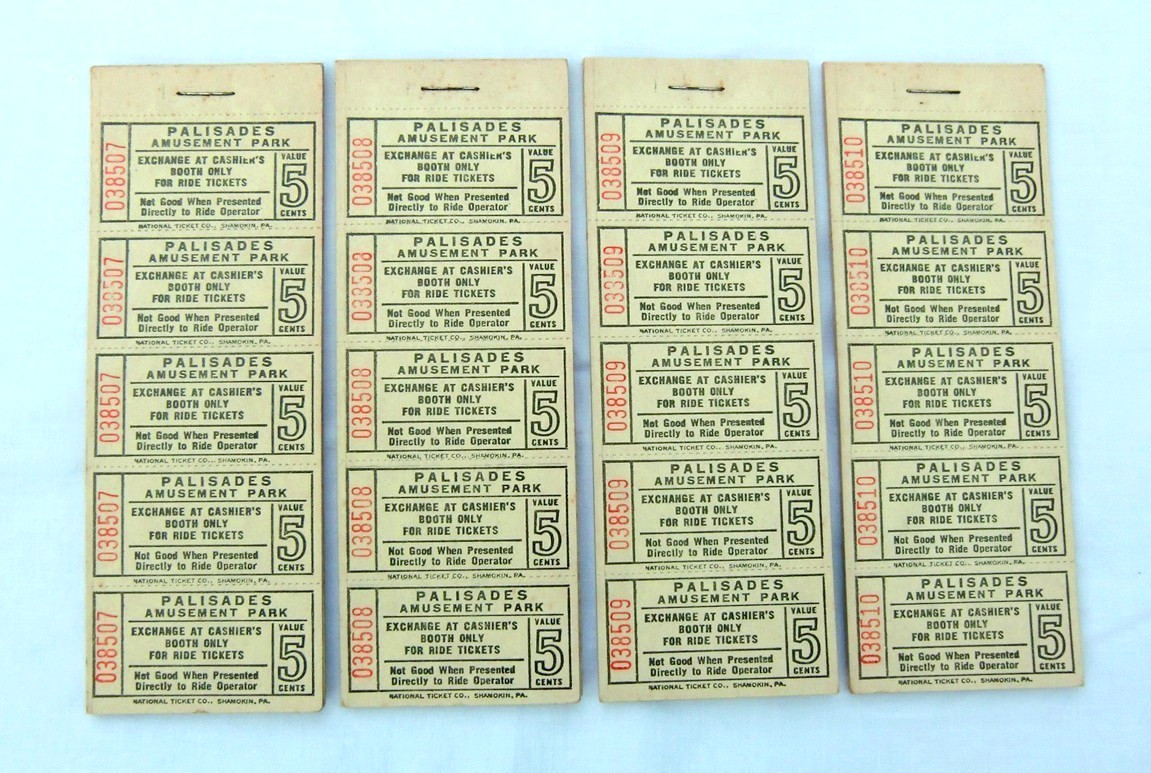 Vtg 1950s Lot NEW 4 Packs Total 180 Tickets Palisades Amusement Park Rides 5¢