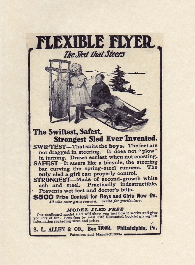AD FLEXIBLE FLYER Wood SNOW SLED Vtg 1906 Antique 5 x 7\