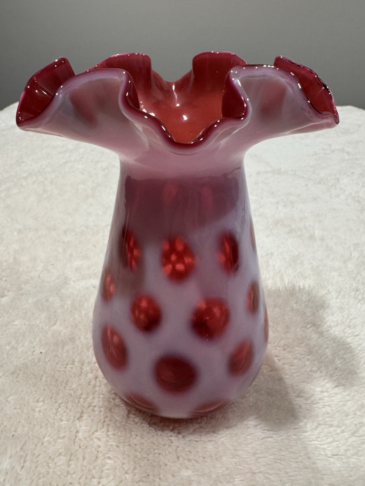 Vintage Fenton, Coin Dot Cranberry Opalescent Pink Vase, Signed Fenton