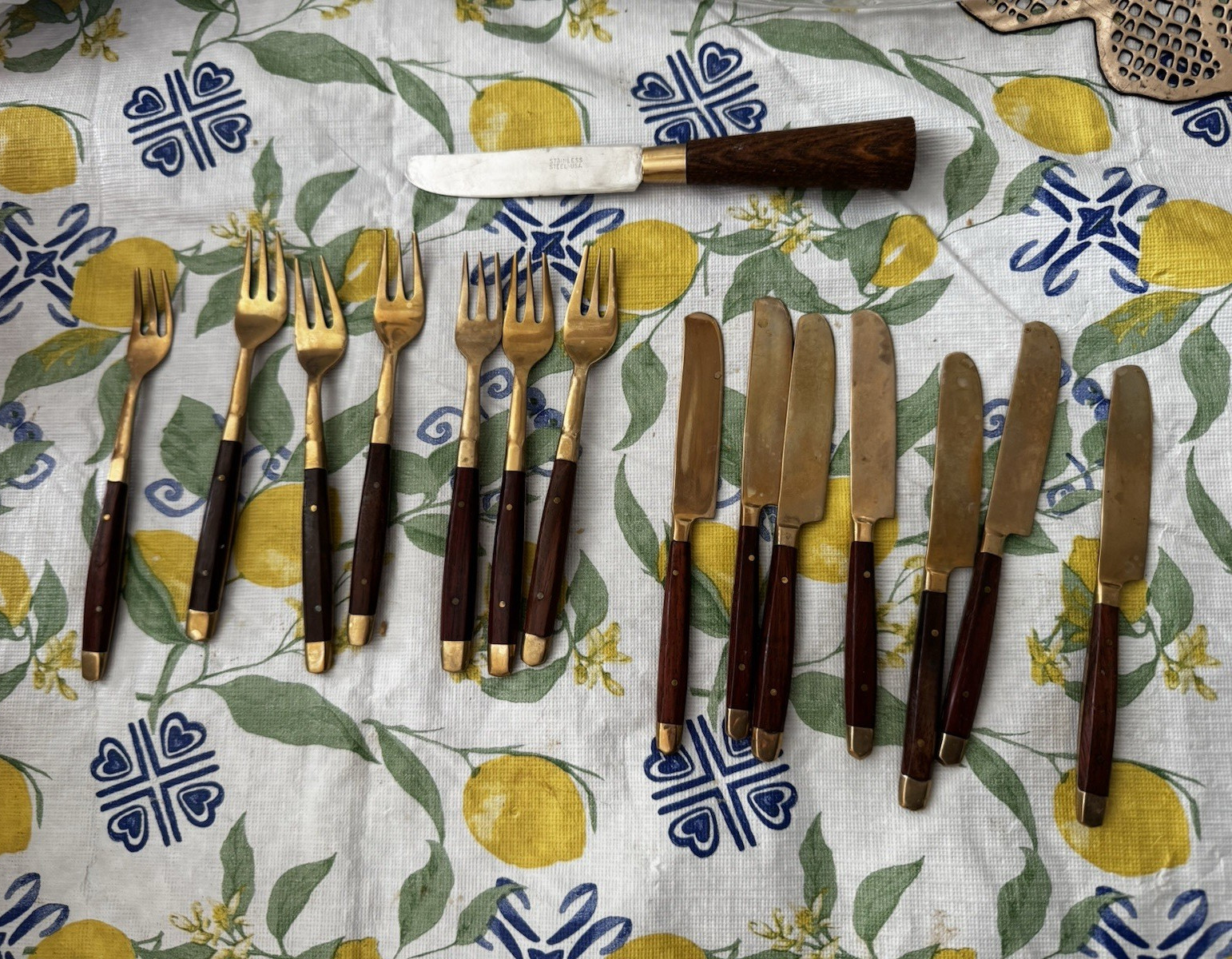 Mid-Century Modern Thai Brass and Rosewood Flatware